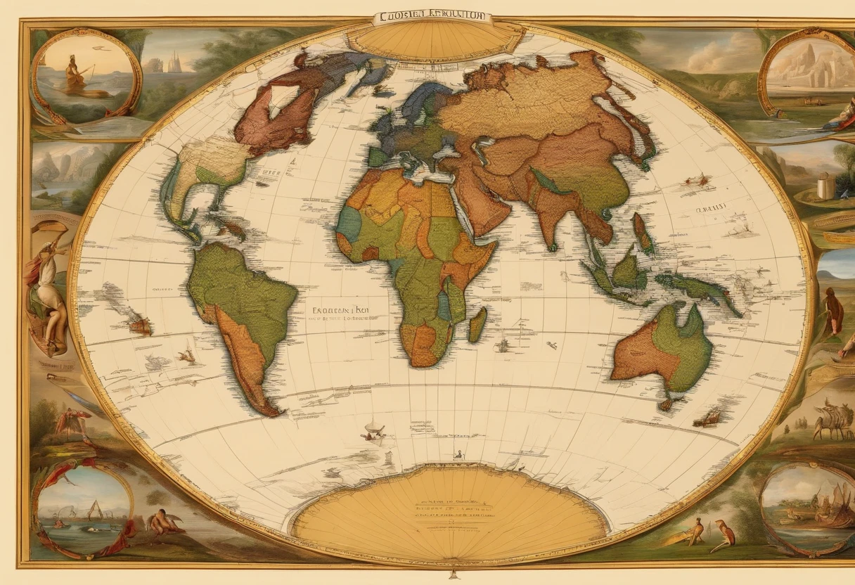 Visual elements that underline the global scope of the Theory of Evolution, including the depiction of a terrestrial globe highlighting various regions of the world