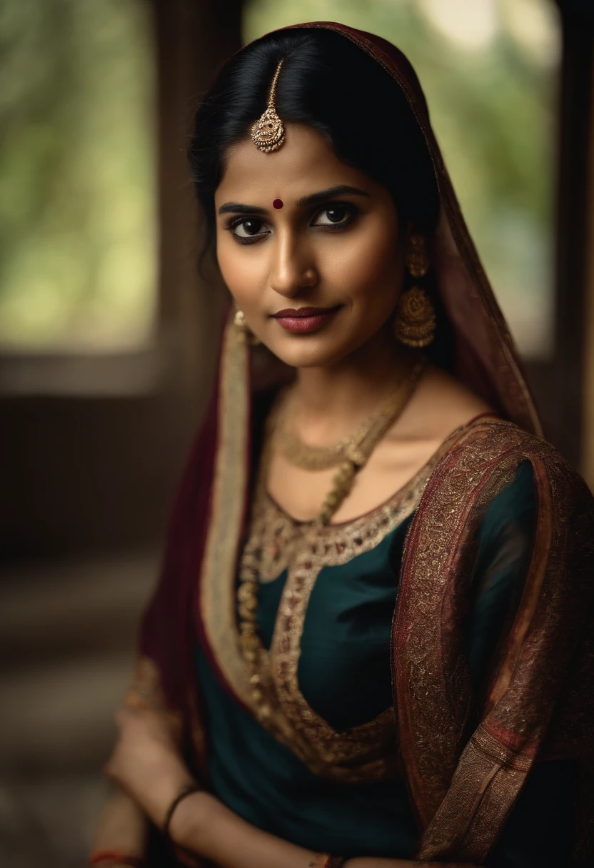 Woman in typical Indian dress, Blue gate in the background, half-length shot, Sunny day, high-quality phot