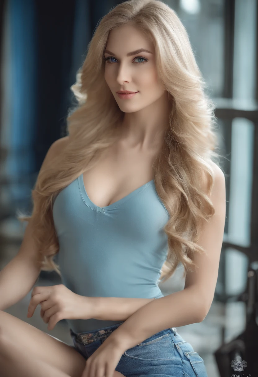 A poised and alluring woman with captivating blue eyes, resembling the ultra-realistic Sophie Mudd. Blonde girl, She wears natural makeup, exudes a sexy charm in a short dress, blonde hair color and poses in Japan setting with a prominent bust.