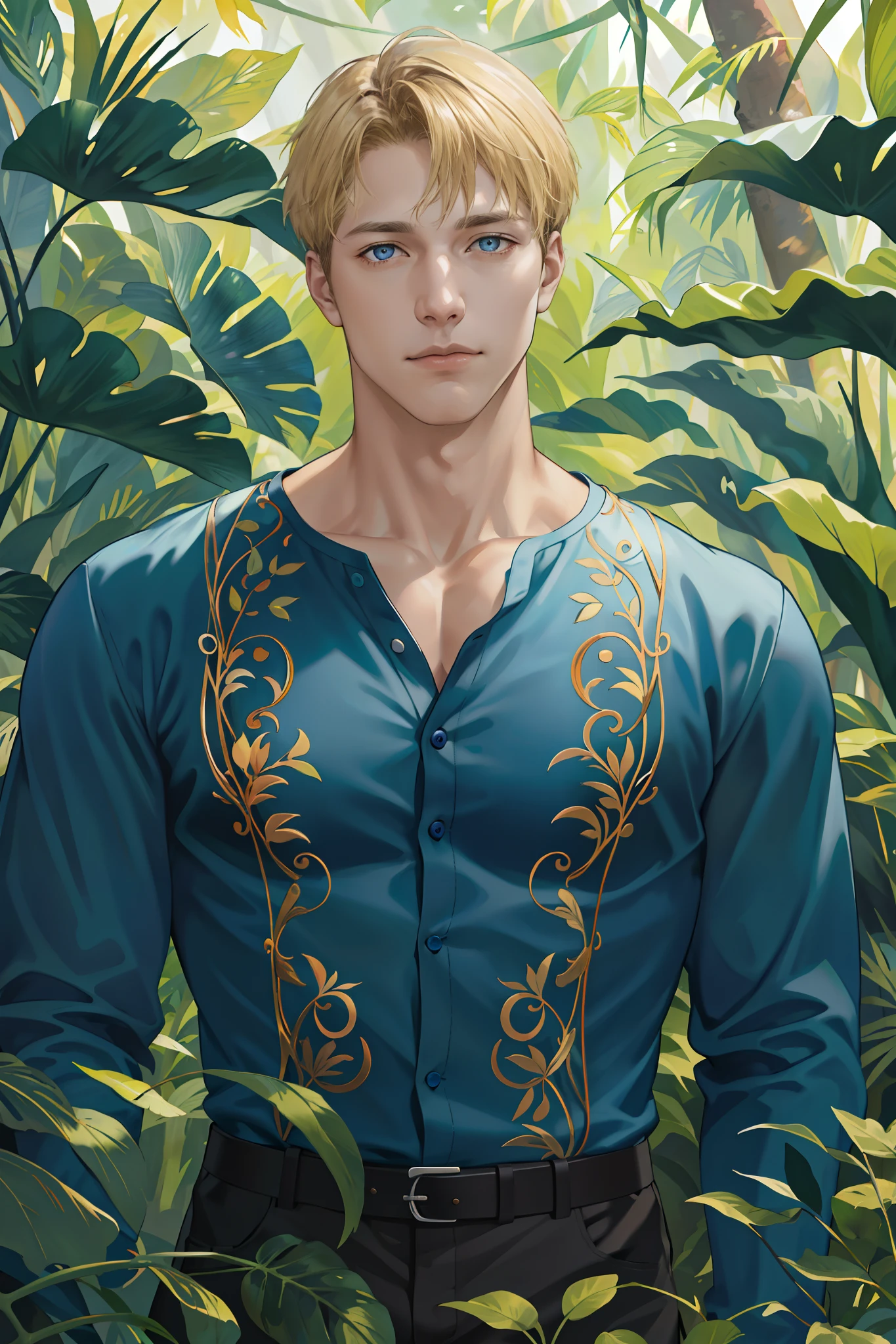 realistic, (absurdres, highres, ultra detailed), 1 male, solo, mature, tall muscular guy, broad shoulders, handsome, angular jaw, thick neck, BREAK, looking at viewer, short blonde hair, blue eyes, long sleeves, forest, trees full of greenery, fluttering leaves, natural light and shadow, Jungle exploration, lots of plants, depth of field, upper body, frontal