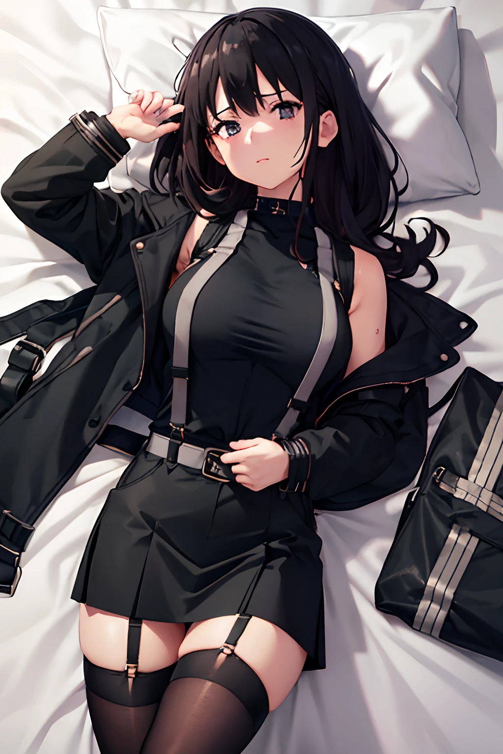 ,Belt bag,Suspenders Black Miniskirt garterbelts knee high Stockings Black Niso Colorcon armpit sweat perspiring Side of both hands,Black jacket,Gaze,ample bosom,Armpit sweat,Exposing the armpits"Tight clothes、Cuffed、wristbands Lie on the bed with your hands up