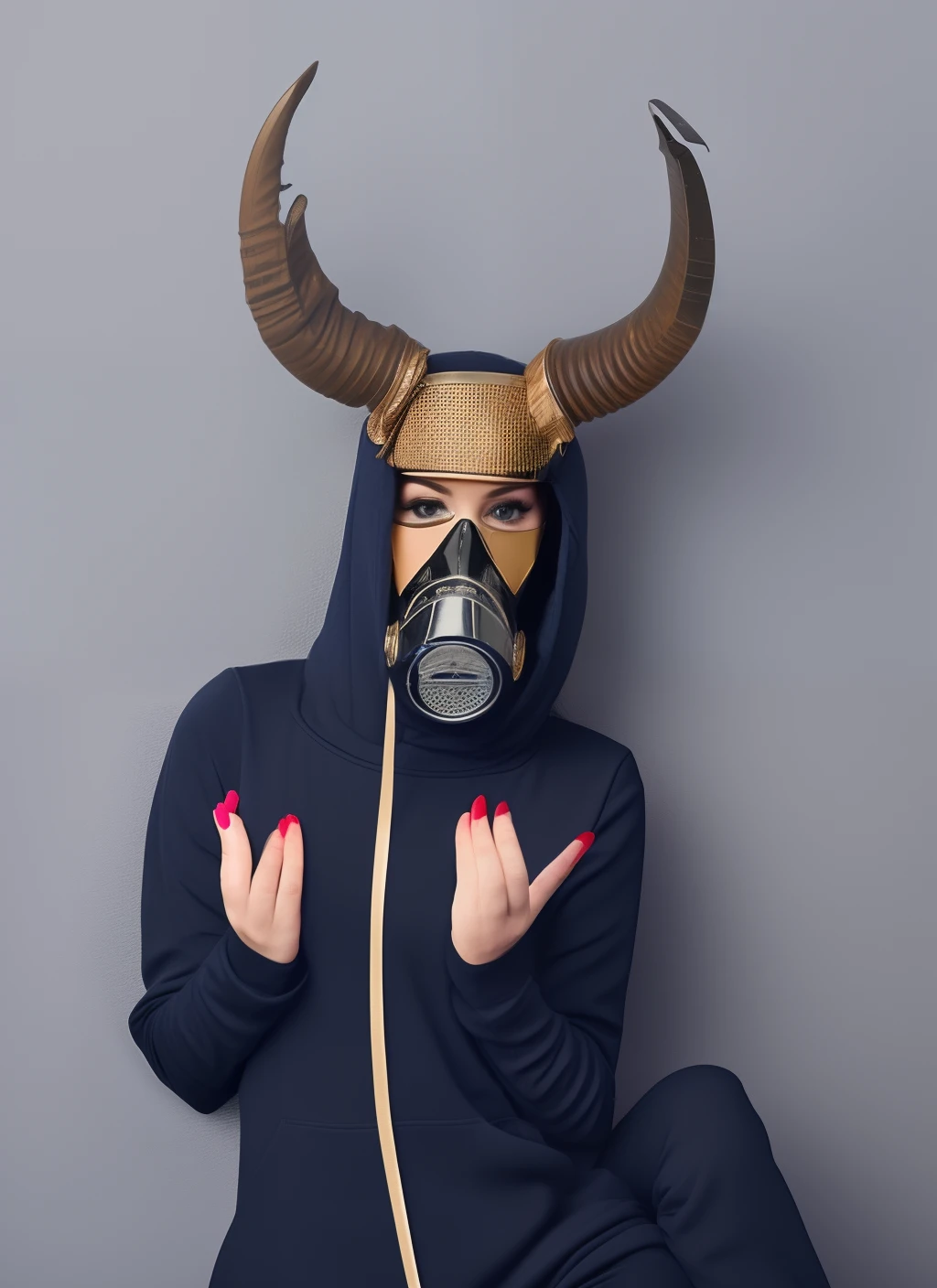 Two sapphire-colored horns Horns from the forehead Demon girl only 1 person Galactic long hair Gas mask Revealing hoodie Bare feet Boots Gloves Woman