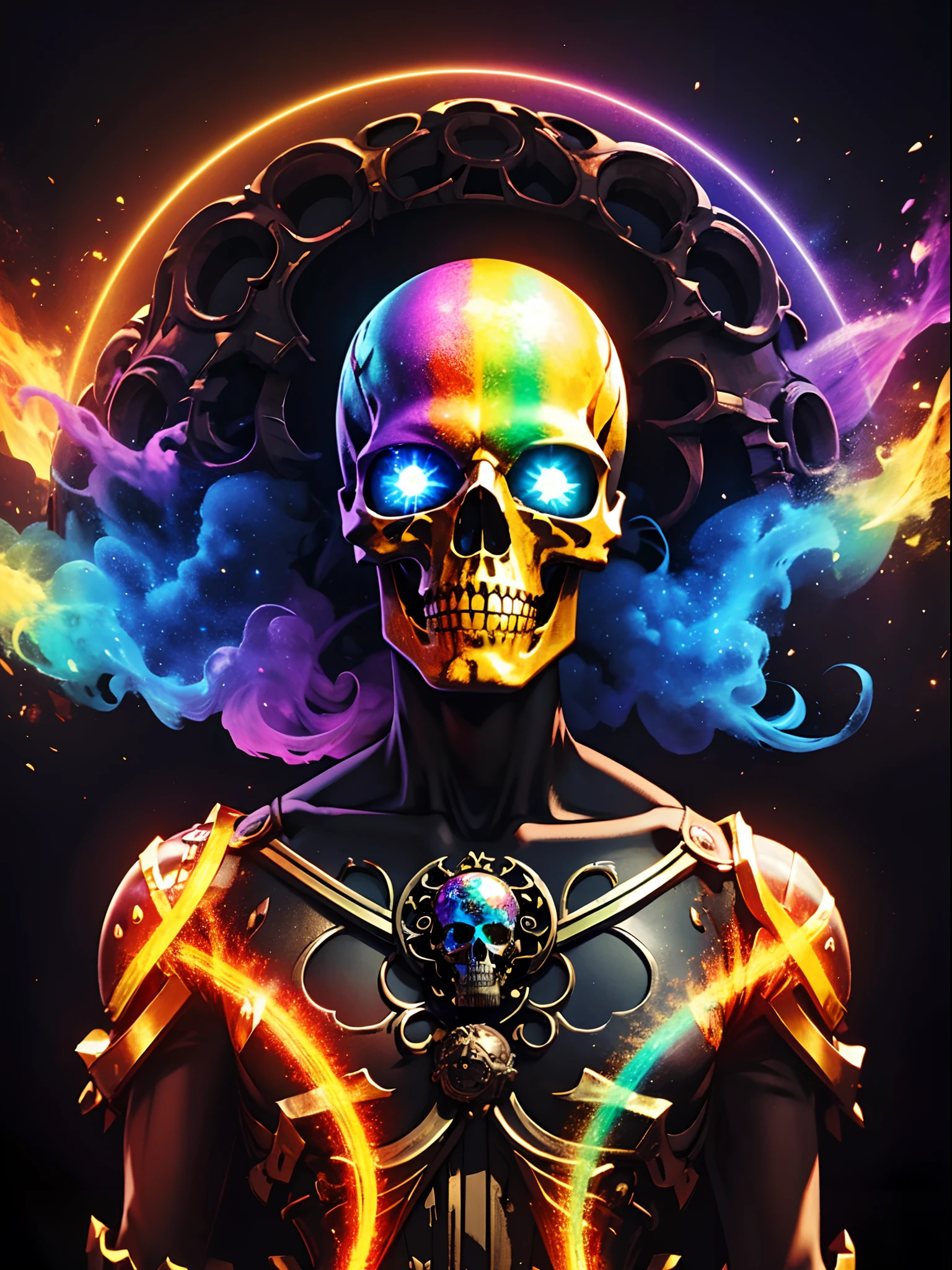 pixel sorted，Steampunk skull，flying petal，Metal polished skeleton painting of man on black background,A rainbow surrounds the skull，Form different structures， breath-taking rendering, Magical rainbow elements,Splendid round rainbow combination，circular composition，Solo