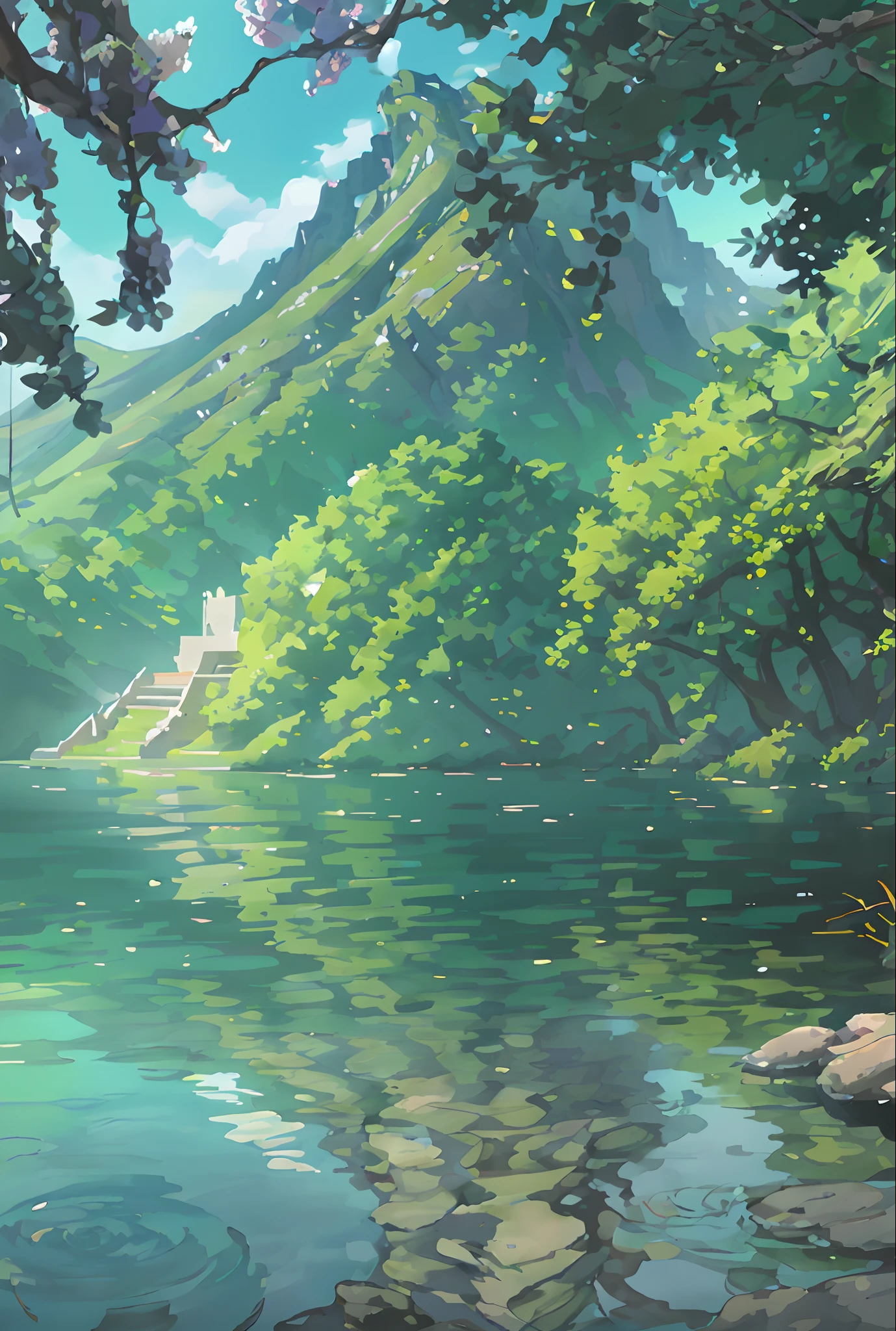 Chinese ancient times, spring, jungle, lake, cave, waterfall, tree, meadow, rock, deer, hot spring, water vapor, (illustration: 1.0), epic composition, realistic lighting, HD details, masterpiece, best quality, (very detailed CG unified 8k wallpaper)
