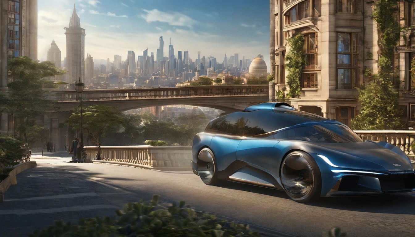 Best quality, 超高分辨率, (Photorealistic:1.4), Masterpiece, The background is blurred out,The main body is a bustling city on a suspended three-dimensional ring,Traffic shuttles through the loop,Sail to the skyline,In the daytime ,Blue skies,bird's eyes view
