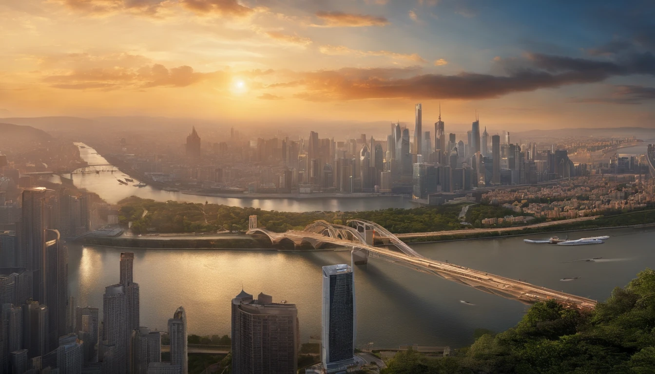 Best quality, 超高分辨率, (Photorealistic:1.4), Masterpiece, The background is blurred out,The main body is a bustling city on a suspended three-dimensional ring，Traffic shuttles through the loop，Sail to the skyline，In the daytime ，Blue skies，bird's eyes view