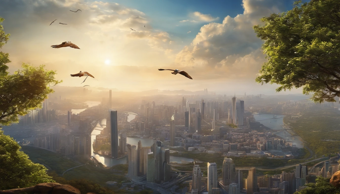 Best quality, 超高分辨率, (Photorealistic:1.4), Masterpiece, The background is blurred out,The main body is a bustling city on a suspended three-dimensional ring,Traffic shuttles through the loop,Sail to the skyline,In the daytime ,Blue skies,bird's eyes view