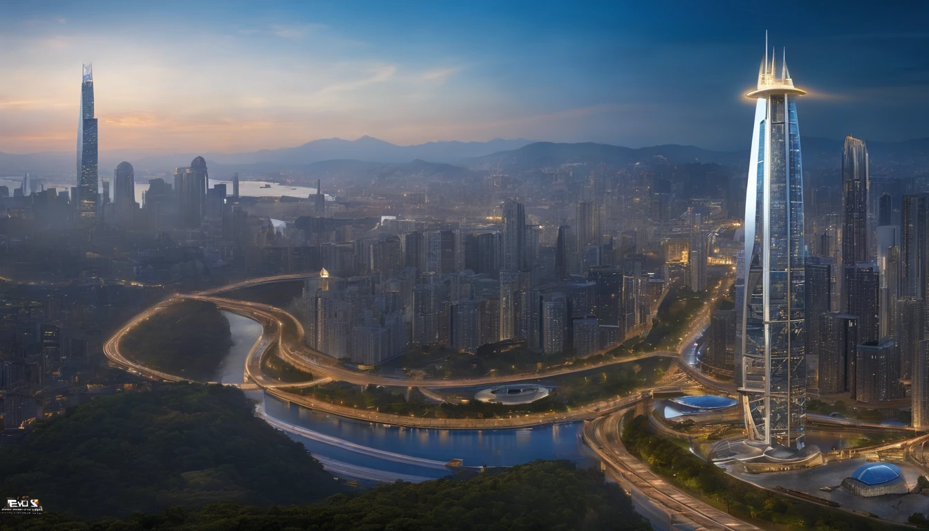 Best quality, 超高分辨率, (Photorealistic:1.4), Masterpiece, The background is blurred out,The main body is a bustling city on a suspended three-dimensional ring，Traffic shuttles through the loop，Sail to the skyline，In the daytime ，Blue skies，bird's eyes view