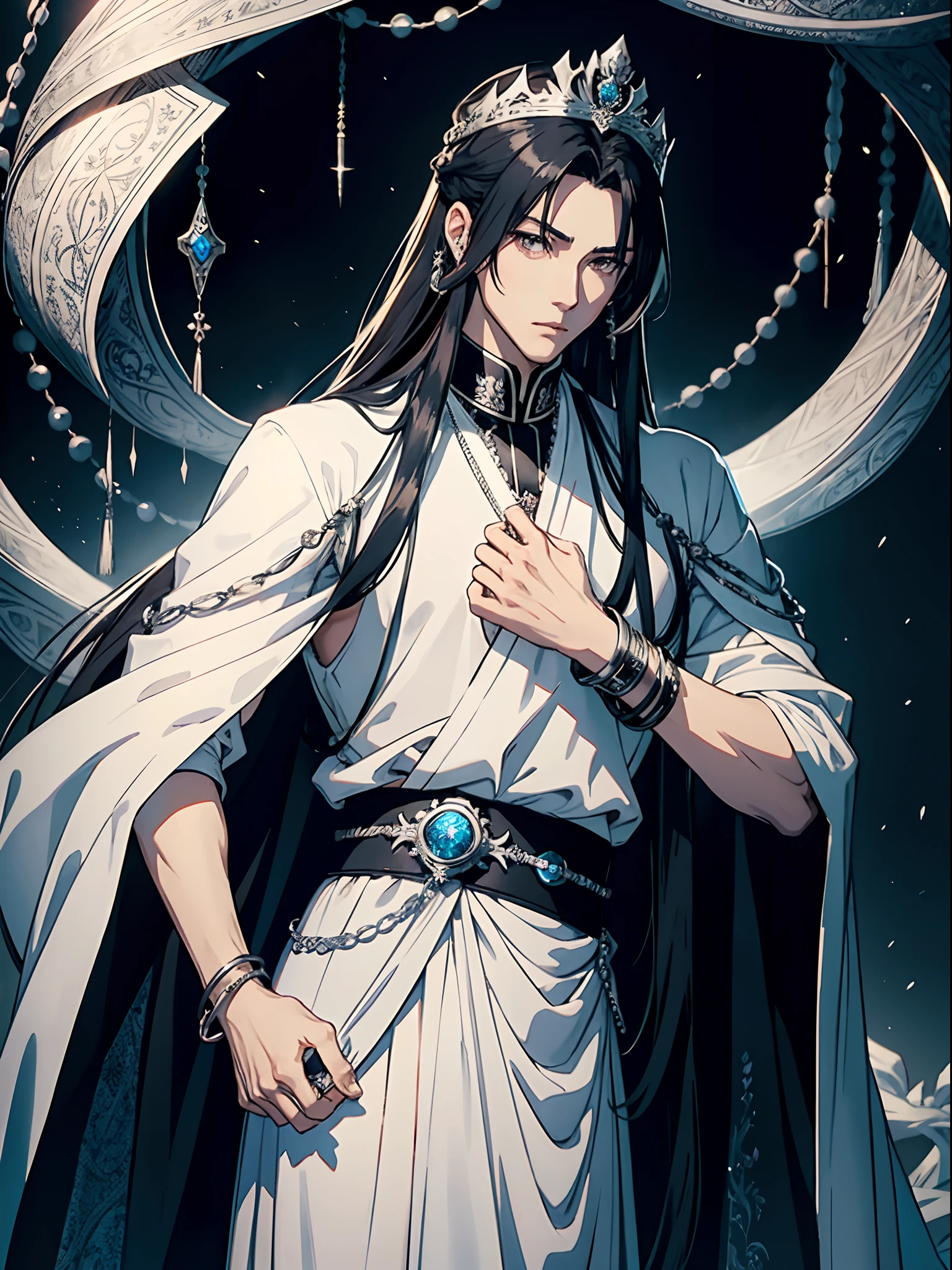 anime handsome emperor, silver intricate clothes, long black hair in intricate hairstyle, silver jewelry, silver tiara, bracelets
