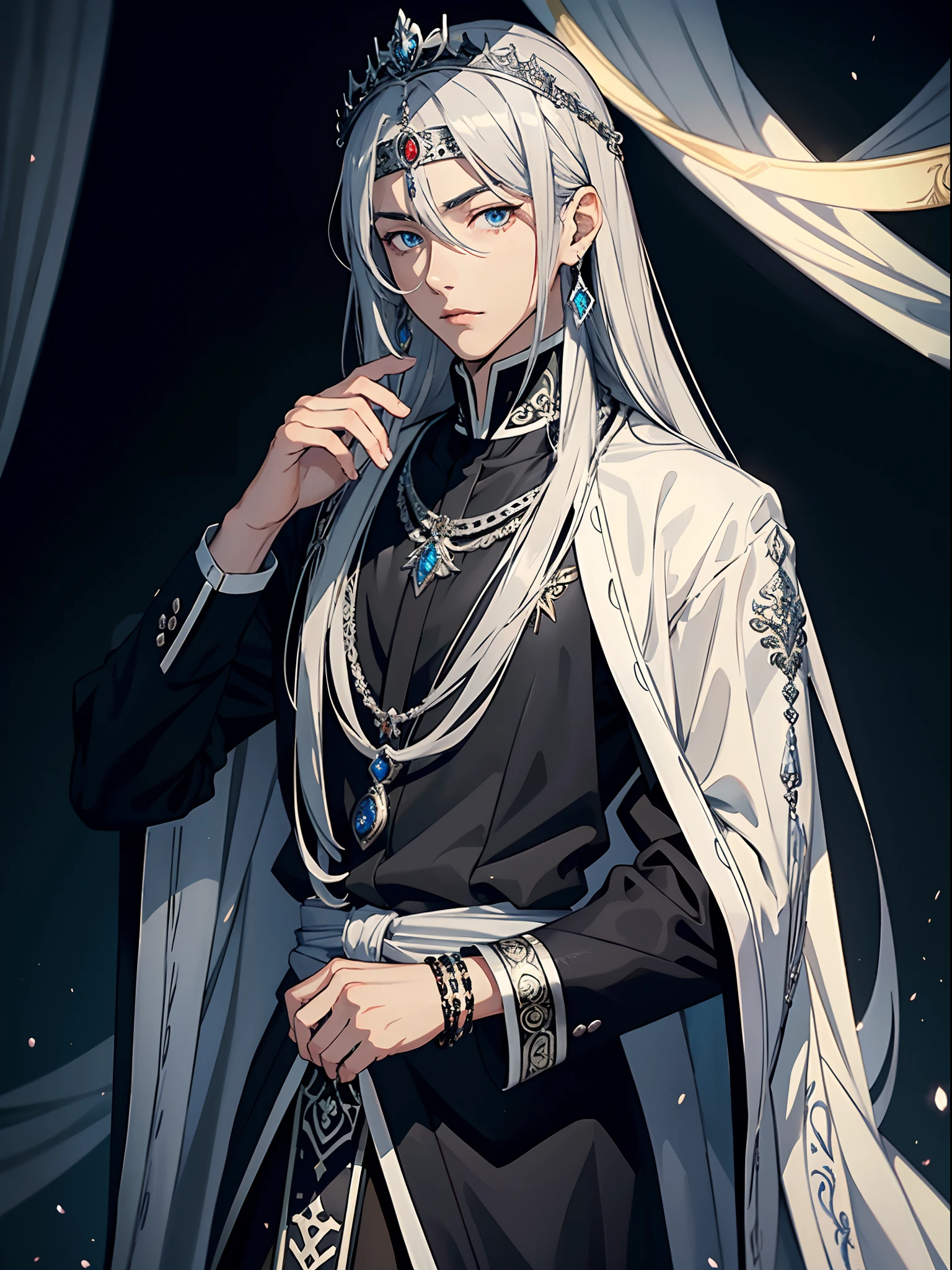 anime handsome emperor, silver intricate clothes, long black hair in intricate hairstyle, silver jewelry, silver tiara, bracelets