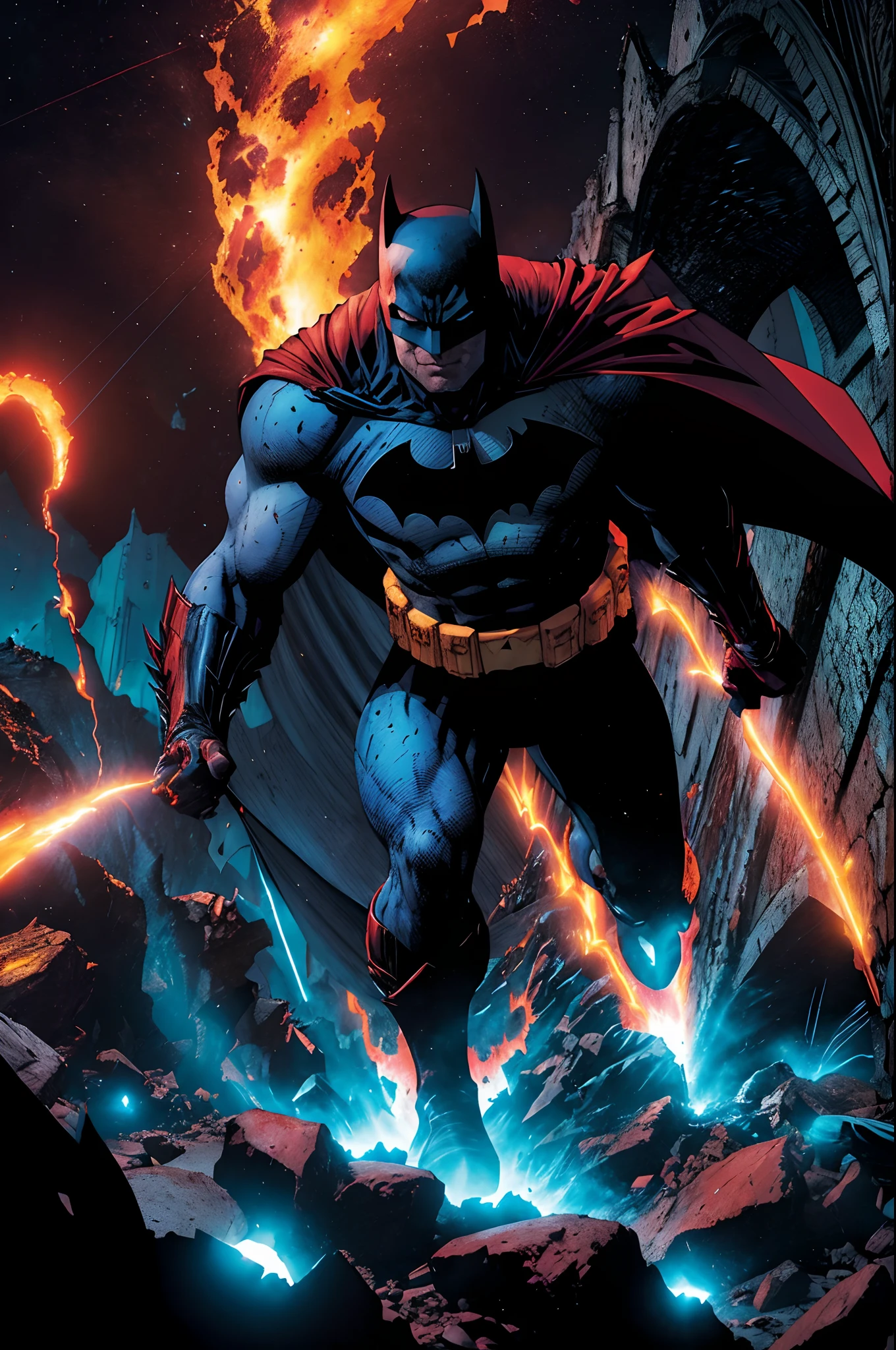 Batman esta no Inferno, Inferno de Dante,  and tries to get out of the red lavas around him with the strength of the Angels of heaven who emit white light to dry the fiery lavas on the ground so he can walk and come out of the depths of darkness, Blue and white neon lights are seen on the ground and bridge the gap between hell and Earth