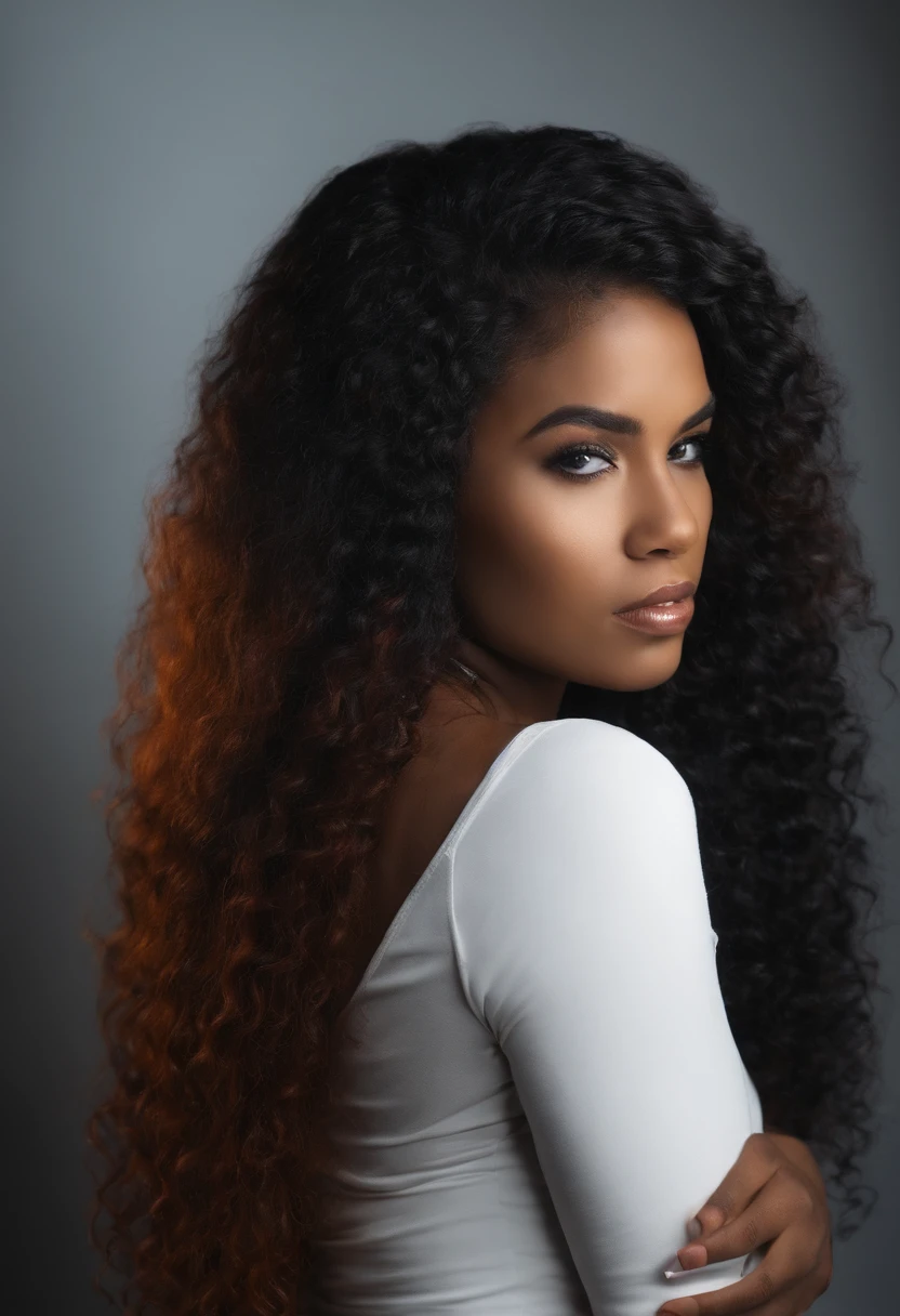 crie foto traseira de uma jovem mulher negra, cabelo longo loiro, Cabelos ao vento