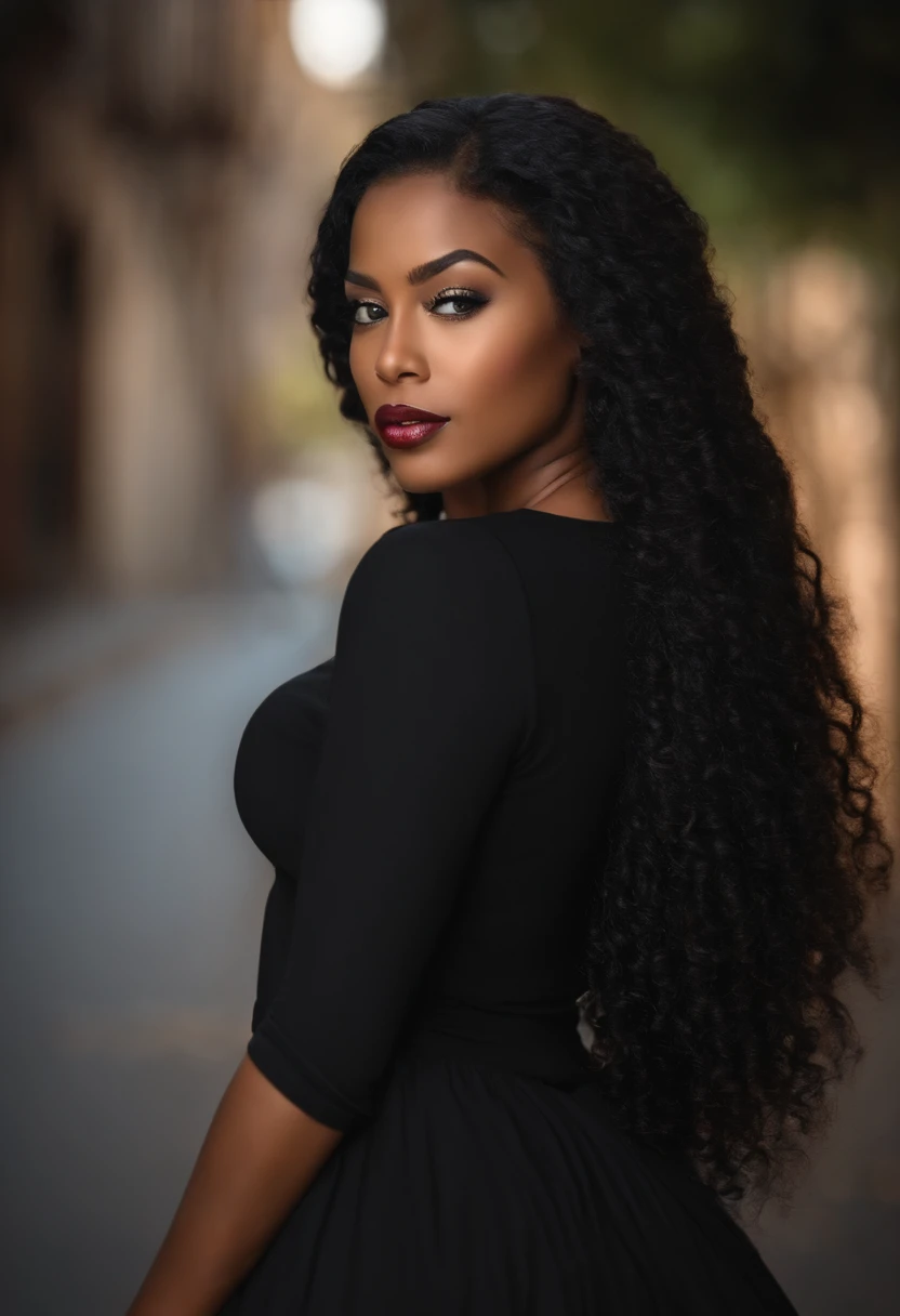 crie foto traseira de uma jovem mulher negra, cabelo longo loiro, Cabelos ao vento