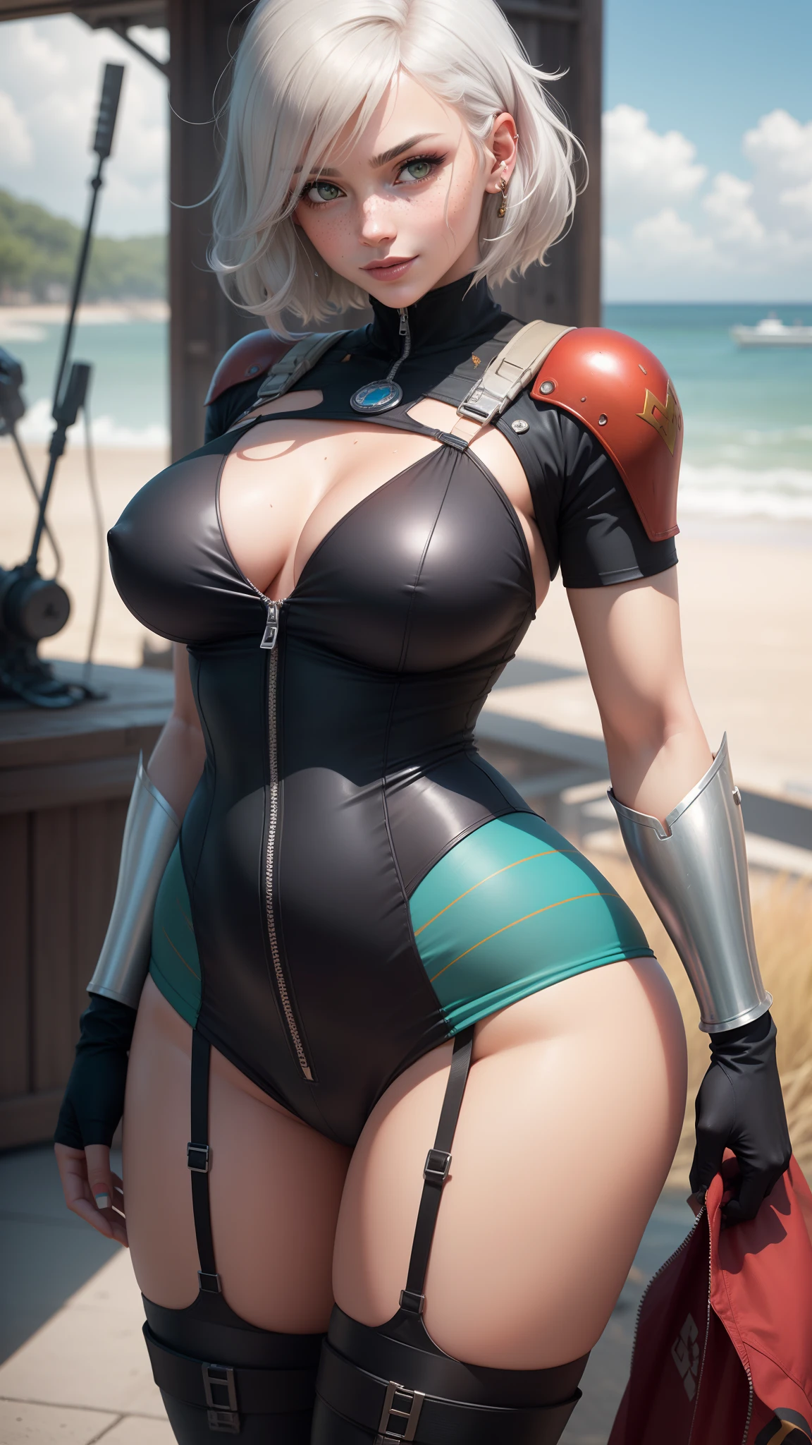 gwen tennyson,y'shtola rhul,yorha 2b, tracer,nier automata,overwatch,close up,mecha pilot,ocean view,tattoos,blue and red plugsuit,blue short sleeve lycra top,red lycra micro shorts,steel garter belt,uncovered belly,short hair,cute makeup,green eyes,dimensional silver hair,shy smile,freckles,beautiful girl,large breasts,8k hd,ultra detailed,realistic, fantasy art,wonder woman,golden armor,city harbor,pilot uniform,ear piercings,hair pin,saiyan girl,super saiyan female,short sleeve pilot jacket,thigh high boots,wet shirt,