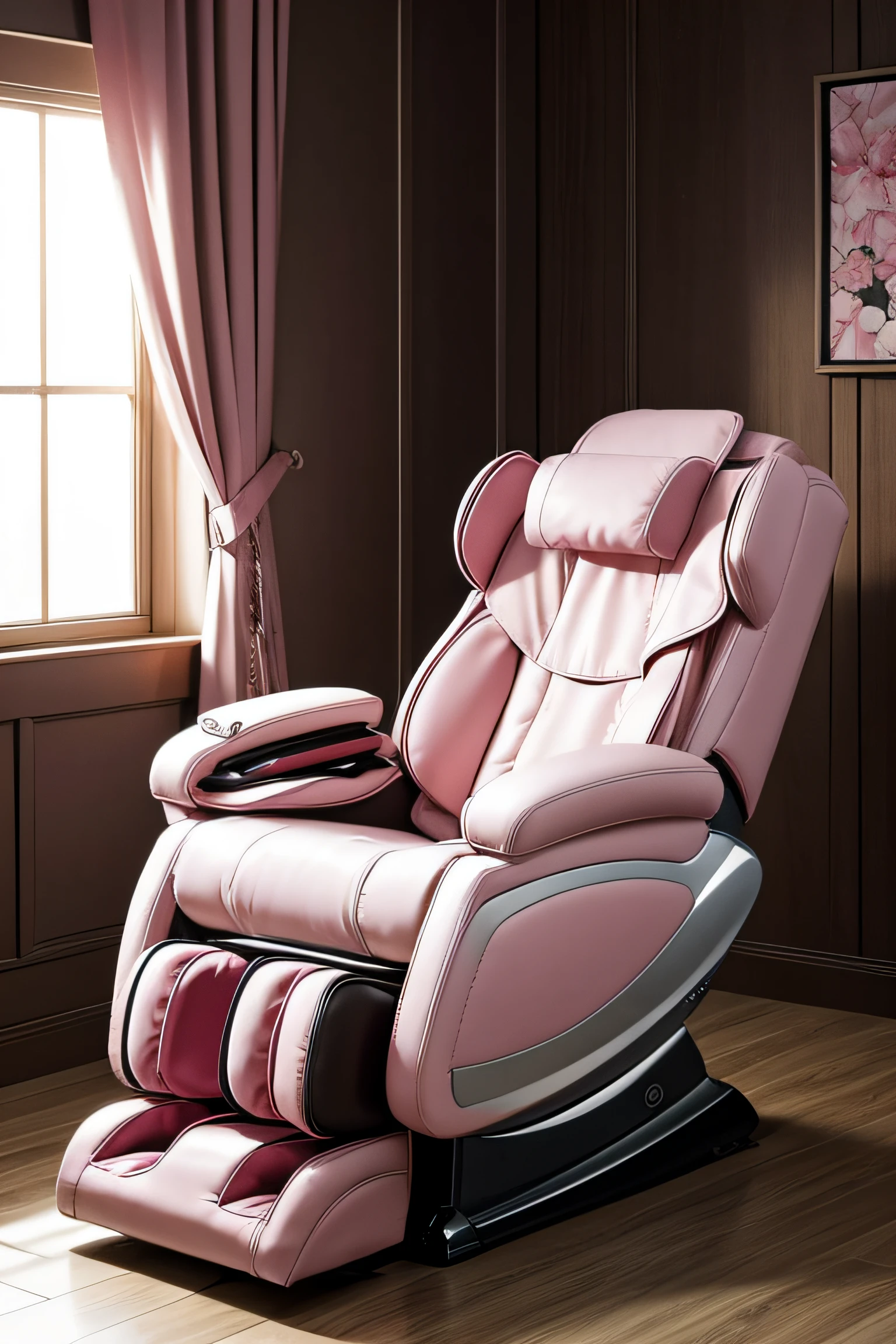 A pink erotic massage chair, the chair has a curvy and lewd design, sensual and erotic atmosphere in the room.