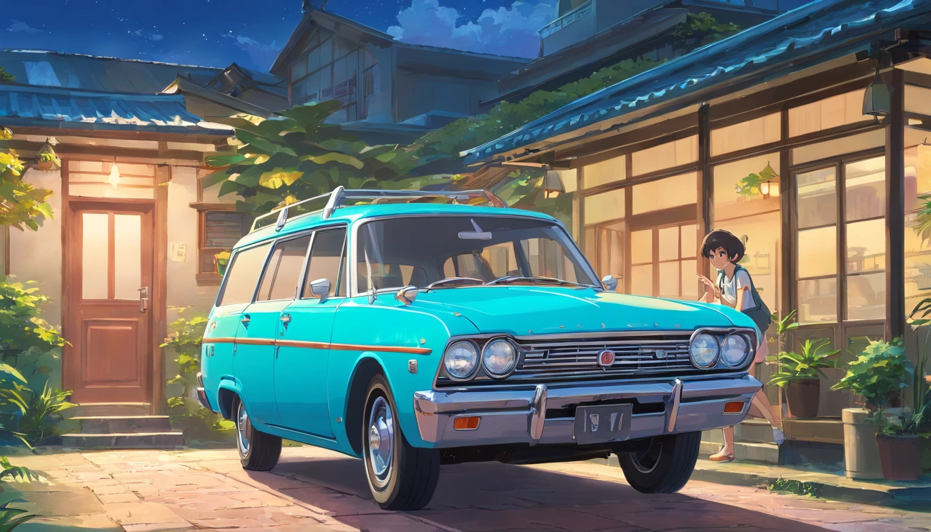 Um carro modelo Rural Willis 1963 Station Wagon、na frente de uma casa, brasil, art nouveau illustration, detailed sky, Chinapunk, Narrativa descritiva, solarizing master, Escola de Quito, Poesia Visual