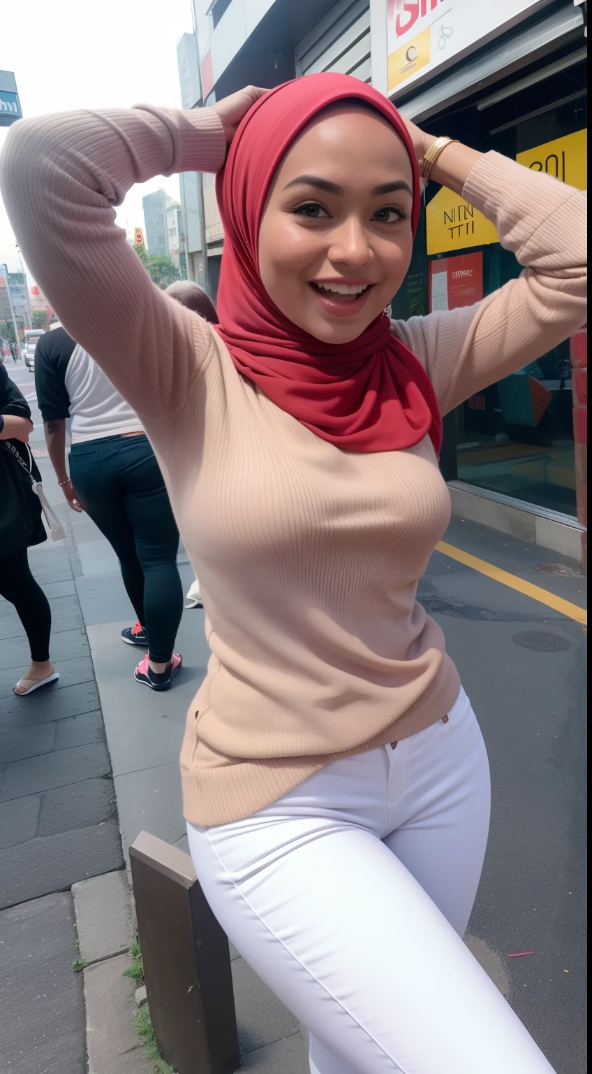 Half body potrait, (lingerie), Cute malay girl wearing big red blouse and jeans with seducing pose, big smile, laughing, happy, big front teeth, bustling nighttime city, bright golden color hijab, small , small breast, flat chest, wide waist, thick thighs bright lighting, big round ass, cute face, slim abs, 35mm lens, Extreme close-up, pastel color grading, depth of field cinematography effect, romantic film genre, 8k resolution, high quality, ultra detail,
