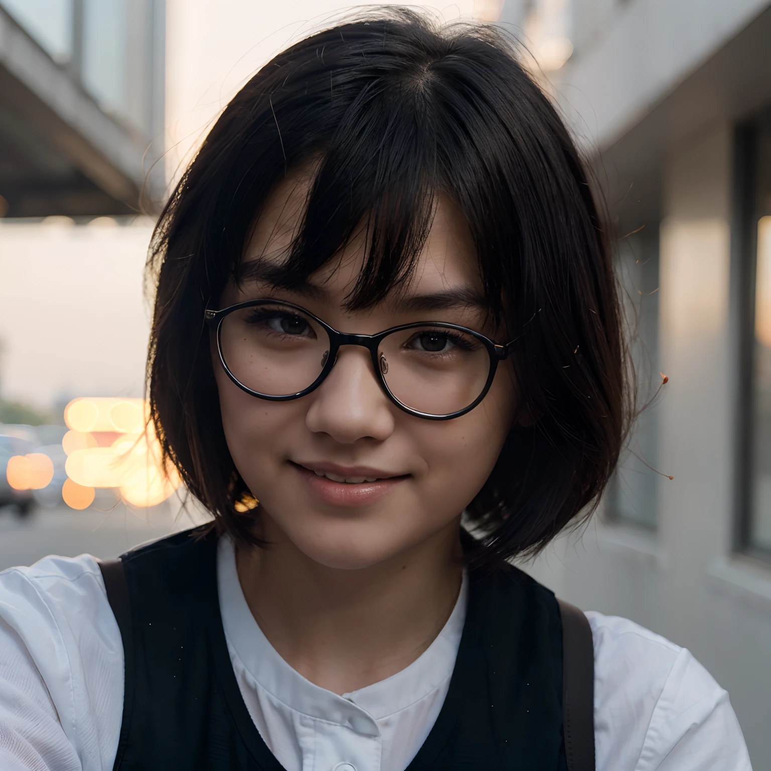 Very young female, half chinese, small slit-eyed, glasses, black hair, flawless white skin, wolf cut hair, photorealistic, best quality, hyper detailed, , beautiful woman, selfie photo, upper body, solo, wearing uniform, smiling at city, sunset photo, without makeup, school, looking at viewer, skin texture, film grain, close up, ultra high res, best shadow, RAW, instagram LUT