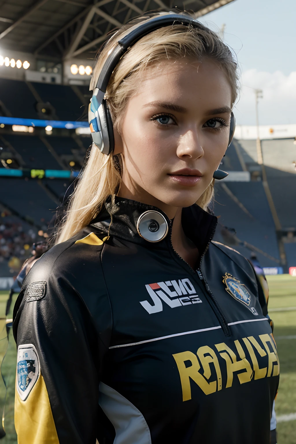 The reporter has a headset on, ela esta sentada em uma bancada transmitindo o jogo de futebol, The scenery is in the company's colors: preto e amarelo com detalhe branco, she is blonde with blue eyes, Beautiful and flawless on the face, ela tem a pele branca, rosto quadrado com simetria perfeita, She is realistic and perfect with lipstick and makeup, making everything even more beautiful,, Her hair is blond, very blond , tem olhos azuis e batom rosa com maquiagem no rosto deixando ainda mais bela e dispertando curiosidade no olhar