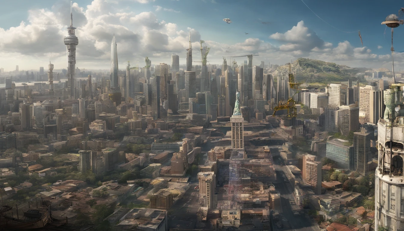 Best quality, 超高分辨率,, The background is blurred out,A bustling city on a suspended three-dimensional ring from the future,A lot of traffic drove to the skyline,In the daytime ,Blue skies,bird's eyes view