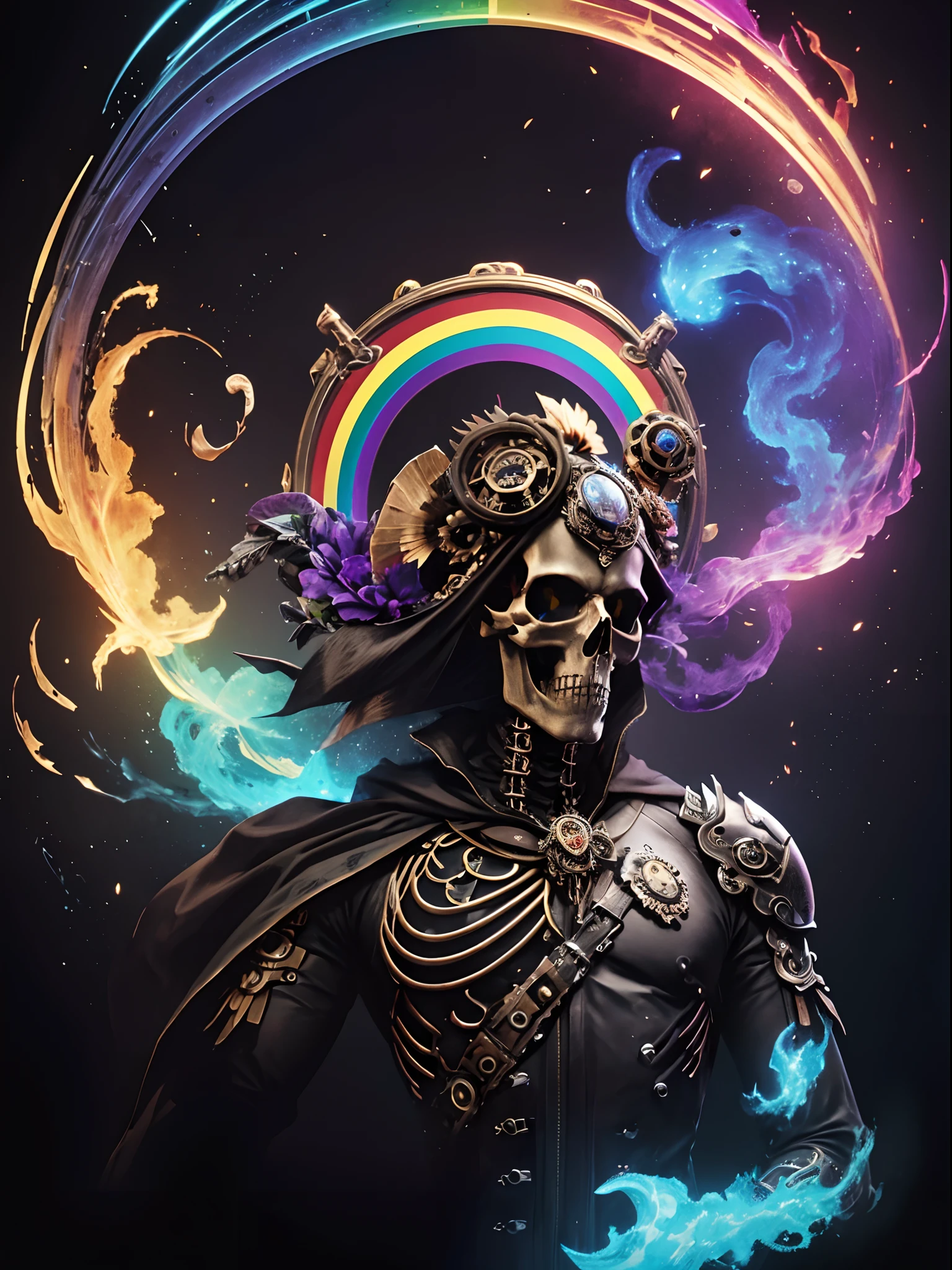 pixel sorted，Steampunk skull，flying petal，Metal polished skeleton painting of man on black background,A rainbow surrounds the skull，Form different structures， breath-taking rendering, Magical rainbow elements,Splendid round rainbow combination，circular composition，Solo