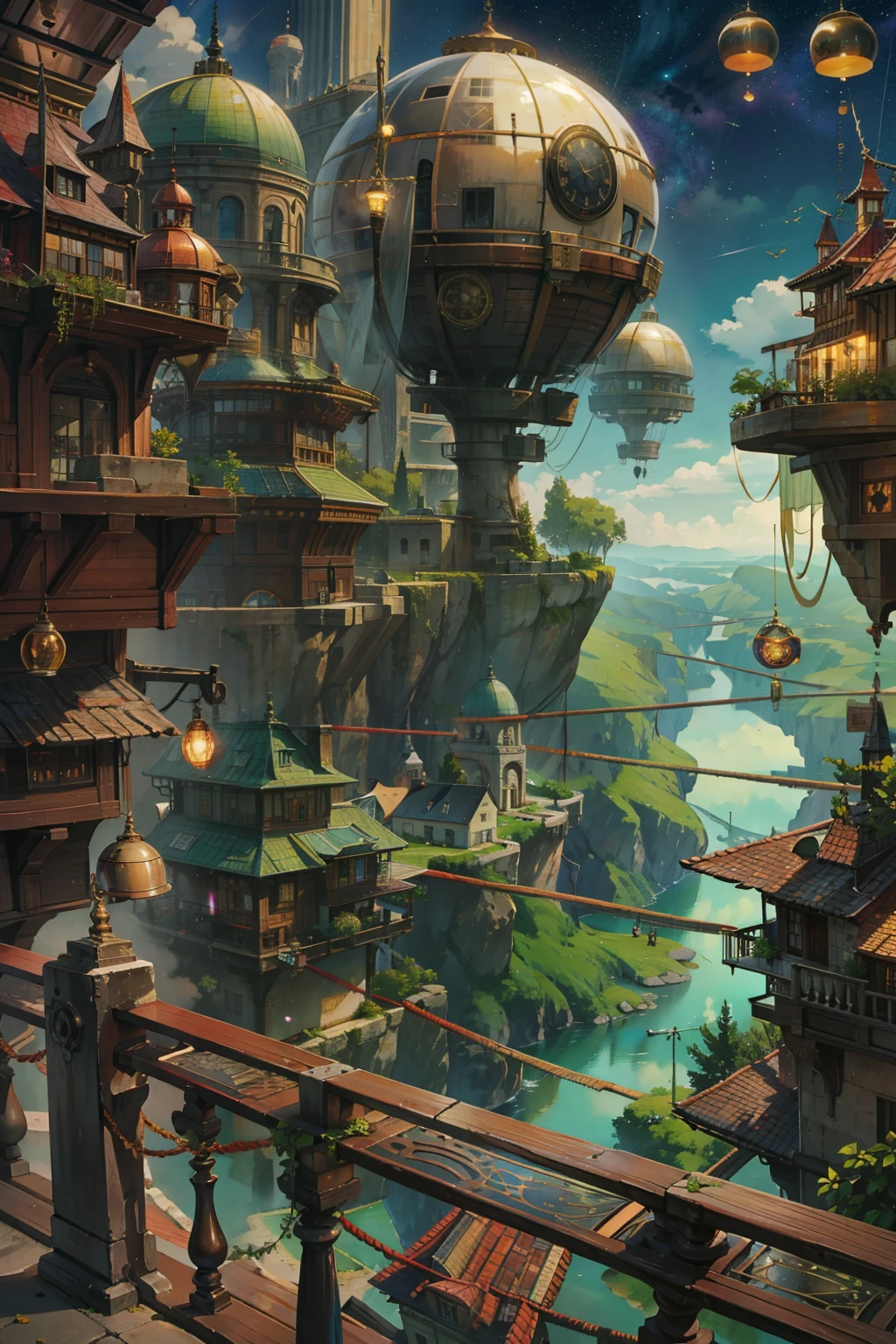 Ultra-wide field of view，（Levitando：1.5），（A huge double-ring steampunk city floating in space：1.3），（Ilumine a cidade futurista steampunk：1.4），（nuvens espessas：1.4），（Estilo Makoto Shinkai：1.4），regozijar，qualidade perfeita，Clear focus（Desordem - Home：0.8）， （tmasterpiece：1.2）， （realista：1.2） ，（com luz brilhante：1.2）， （melhor qualidade）， （Detailed starry sky：1.3） ，（Detalhes complexos）， （8k）， （Detalhe meteoro） ，（foco nítido），（Divirta-se），（Arte digital premiada：1.3） de （sketching：1.3），（com dinamismo：1.3）,studiolight,tema，olhando de cima, The space, flutuante， --v 6