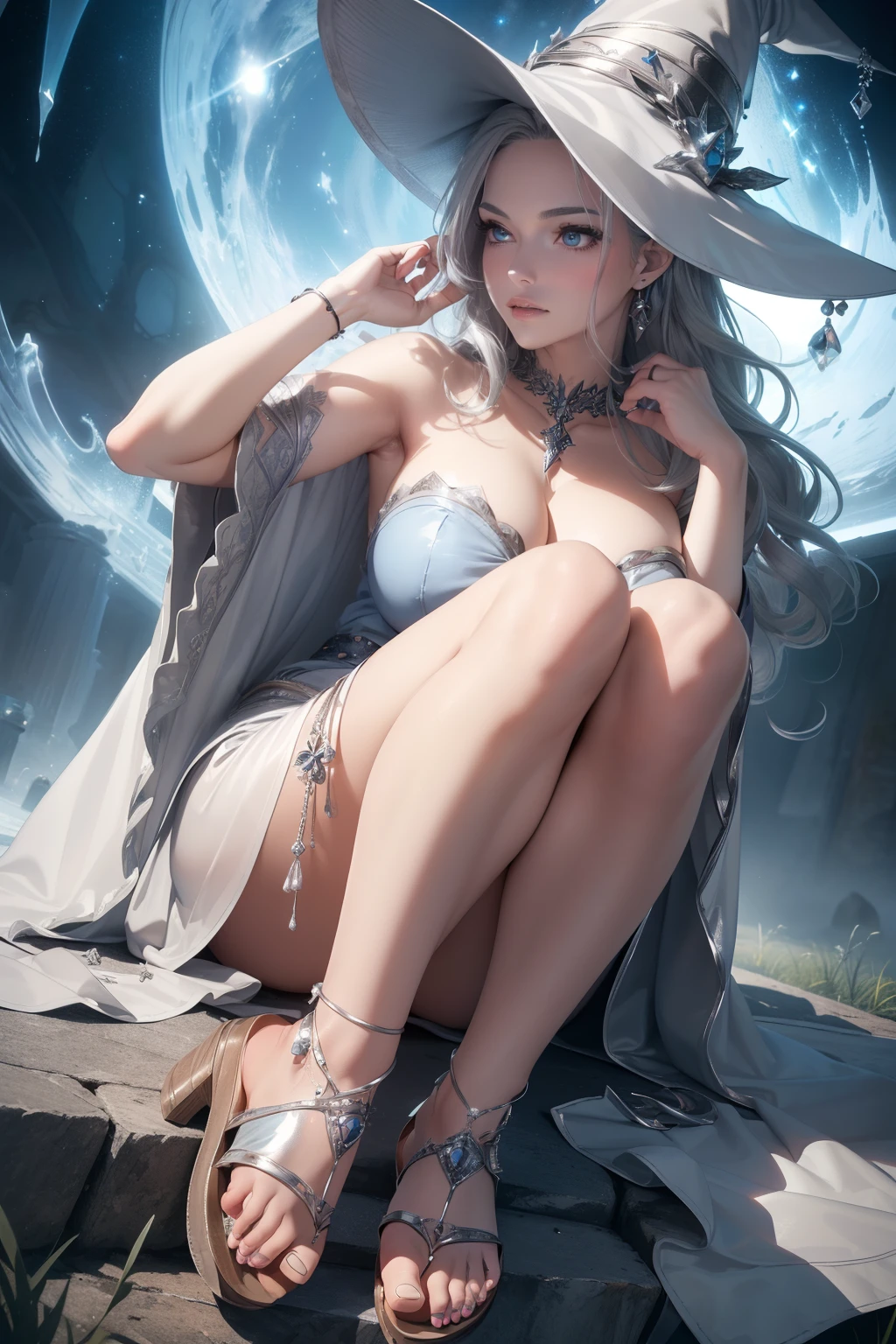 ((masterpiece, best quality, ultra-detailed, ultra-HD, photorealistic, cinematic)), (close-up camera shot:1.2), (sensual pose, from below), (alluring and voluptuous female witch), perfect anatomy, perfect face, large cleavage, proportioned hands, (silver-gray hair in an elegant updo with loose tendrils:1.3), (a flowing silver and blue witch robe:1.4), (a silver pointed witch hat), (wears silver witch sandals:1.5), (dynamic background)