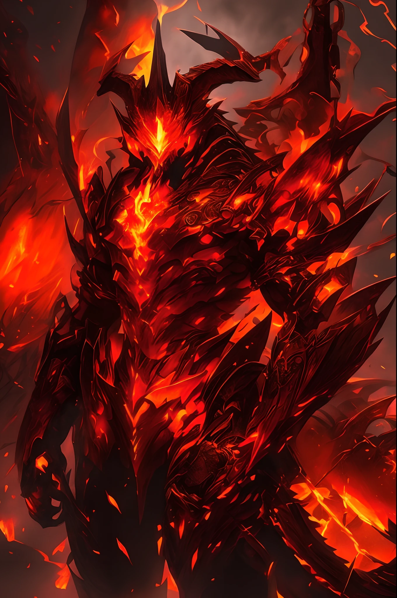 Epic fantasy art style, painted in the style arcane, Anime art wallpaper 4 K, Anime art wallpaper 4k, league of legend, Epic fantasy digital art style, Crimson Devil,high render,Orange-red flame,Wrapped in a powerful set of armor. The metal plate is decorated with an intricate design,Reminiscent of flickering flames licked on the surface.[The background color and character body color are]