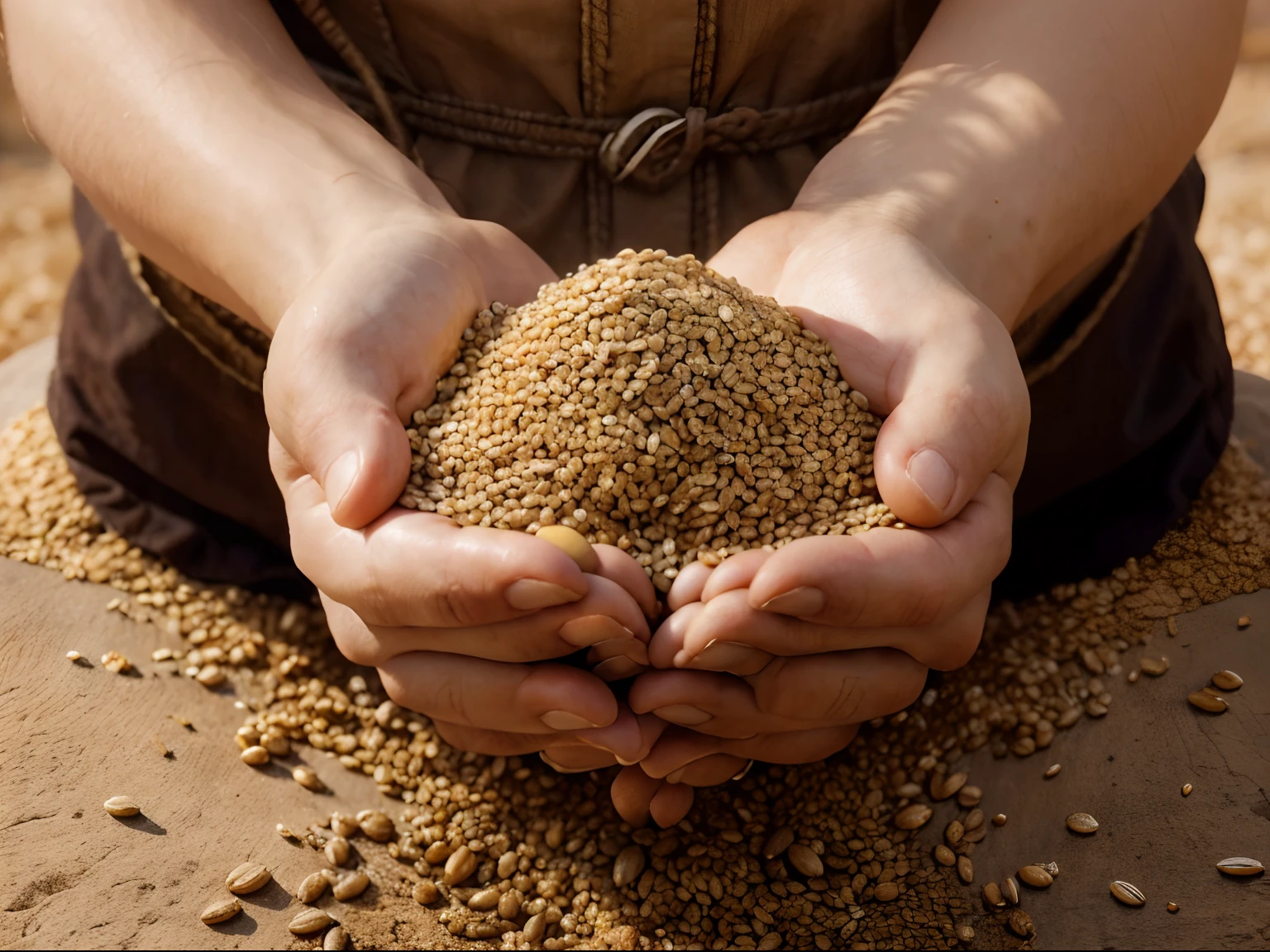 A hand holding a handful of grains, symbolizing the power associated with the possession of food and grains as a form of currency. Illustration, high-res(highres), vivid colors, realistic(1.37), detailed(hand-drawn), grain texture, surreal, concept art, soft lighting, warm tones, agriculture, prosperity, abundance, trading, barter system.