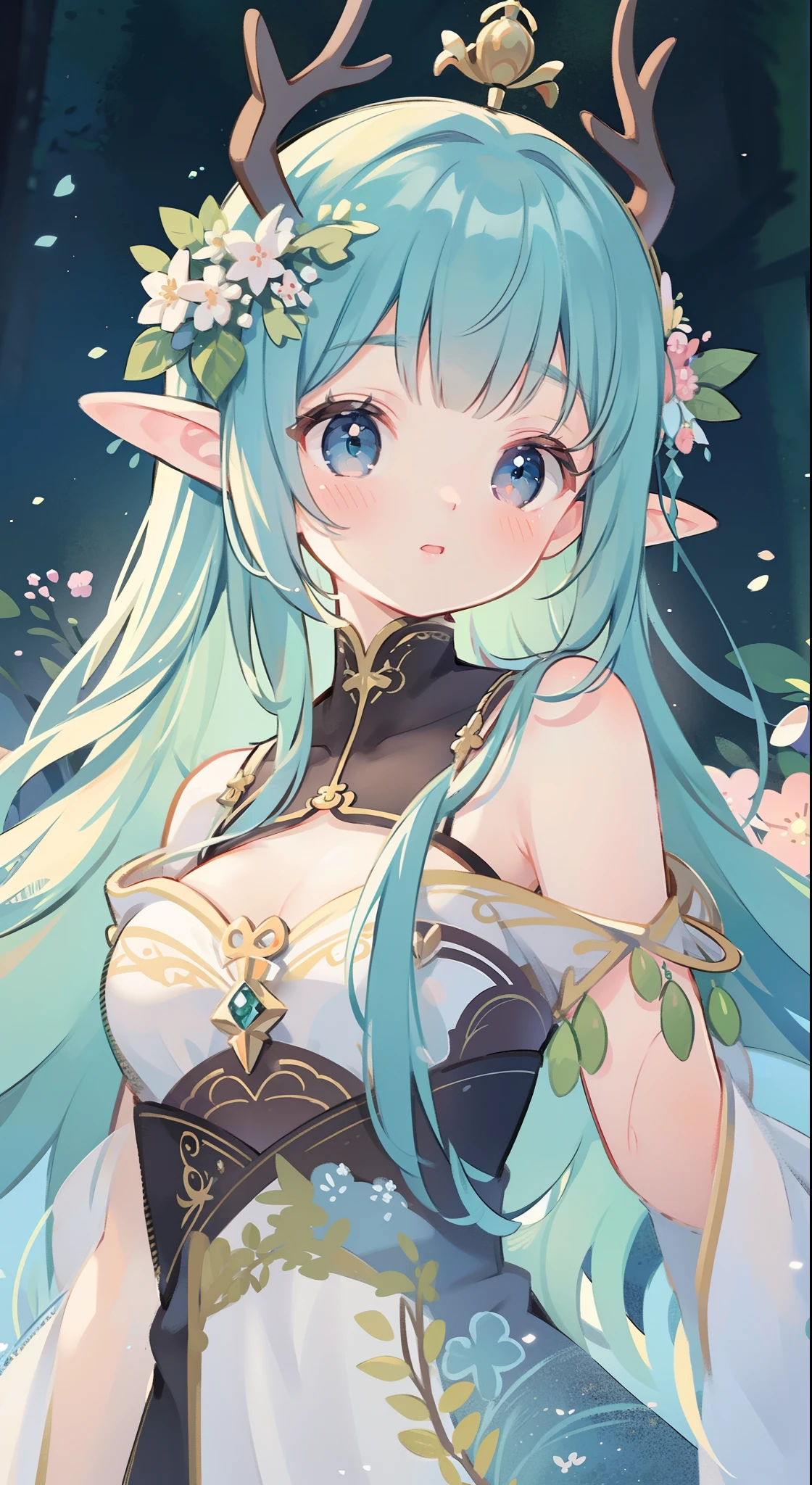 high high quality,masterpiece,Delicate facial features,Delicate hair,Delicate eyes,Delicate hair,animemanga girl,deer antlers,Black color hair,florals, Dreamy style, Fantastic flower garden,fantasy style clothing,Romantic dress, beautiful and elegant elf queen, a beautiful fantasy empress, Fantasy art style, ((a beautiful fantasy empress)), Anime fantasy illustration, high priestess, fey queen of the summer forest, anime art nouveau, goddess of the forest, portrait of an elf queen, A beautiful artwork illustration,8K high quality detailed art(Delicate facial portrayal)(Fine hair depiction)(highest quality)(Master masterpieces)(High degree of completion)(a sense of atmosphere)8k wallpaper,tmasterpiece,Best quality at best,ultra - detailed