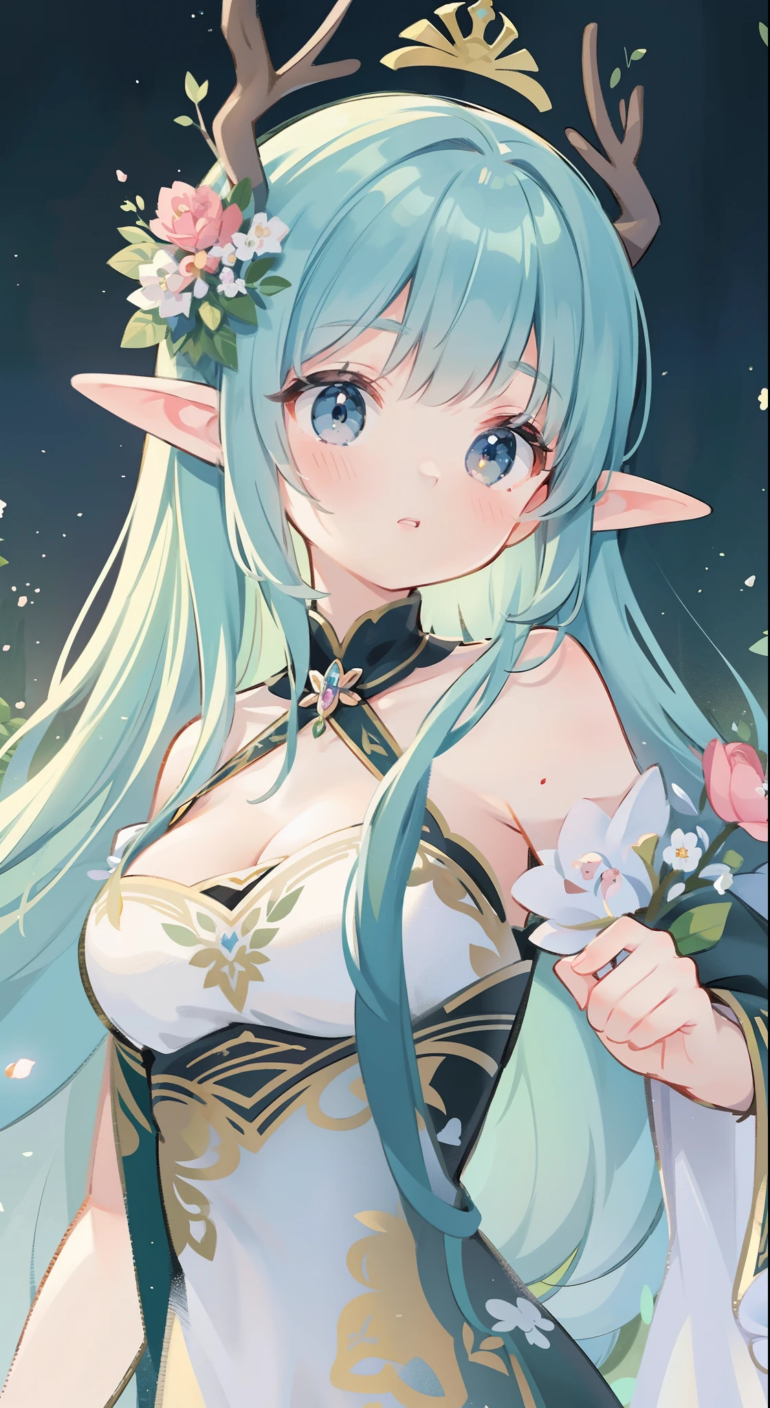 high high quality,masterpiece,Delicate facial features,Delicate hair,Delicate eyes,Delicate hair,animemanga girl,deer antlers,Black color hair,florals, Dreamy style, Fantastic flower garden,fantasy style clothing,Romantic dress, beautiful and elegant elf queen, a beautiful fantasy empress, Fantasy art style, ((a beautiful fantasy empress)), Anime fantasy illustration, high priestess, fey queen of the summer forest, anime art nouveau, goddess of the forest, portrait of an elf queen, A beautiful artwork illustration,8K high quality detailed art(Delicate facial portrayal)(Fine hair depiction)(highest quality)(Master masterpieces)(High degree of completion)(a sense of atmosphere)8k wallpaper,tmasterpiece,Best quality at best,ultra - detailed