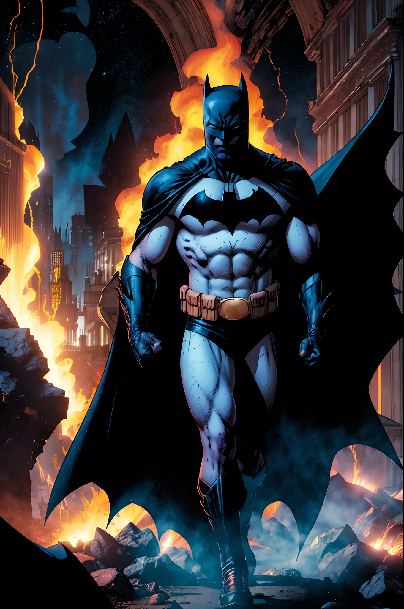 Batman esta no Inferno, Inferno de Dante, and tries to get out of the red lavas around him with the strength of the Angels of heaven who emit white light to dry the fiery lavas on the ground so he can walk and come out of the depths of darkness, Blue and white neon lights are seen on the ground and bridge the gap between hell and Earth, at the end of his walk, Batman sees Gotha city illuminated in white light.
