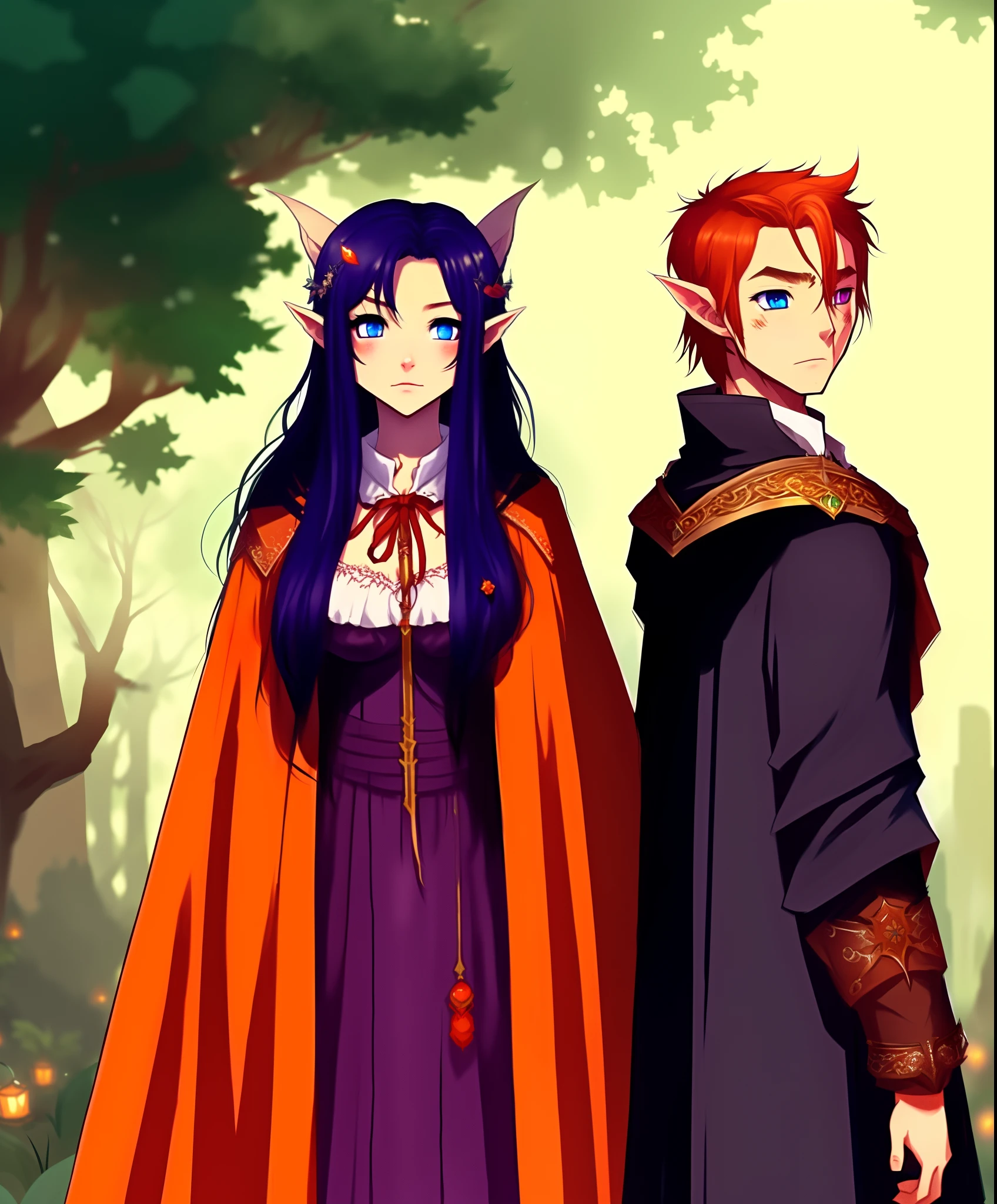 Half-elf girl with long black hair in a cloak standing next to an elven man with short reddish-brown hair and orange eyes that looks like the fairy king