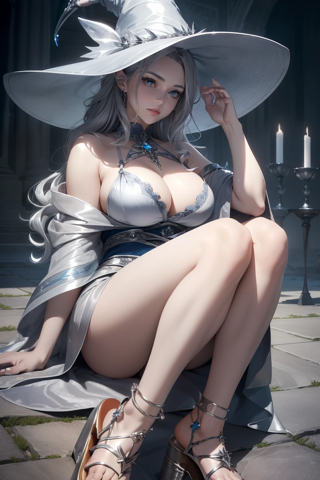 ((masterpiece, best quality, ultra-detailed, ultra-HD, photorealistic, cinematic)), (close-up camera shot:1.2), (sensual pose, from below), (alluring and voluptuous female witch), perfect anatomy, perfect face, large cleavage, proportioned hands, (silver-gray hair in an elegant updo with loose tendrils:1.3), (a flowing silver and blue witch robe:1.4), (a silver pointed witch hat), (wears silver witch sandals:1.5), (dynamic background)