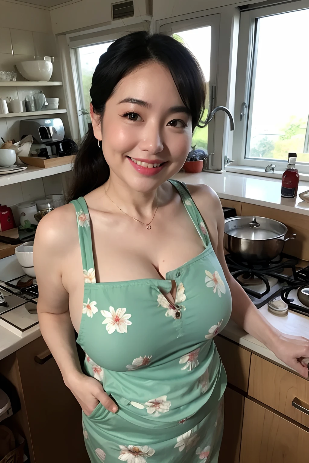 Neelofa baking cake in green pastel bikini, (neelofa:1.2), messy kitchen, flour in face and body