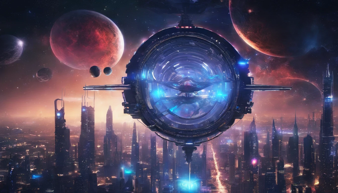 超高分辨率,, The background is blurred out,A bustling city on a suspended three-dimensional ring from the future,A lot of traffic drove to the skyline,In the daytime ,Blue skies,bird's eyes view