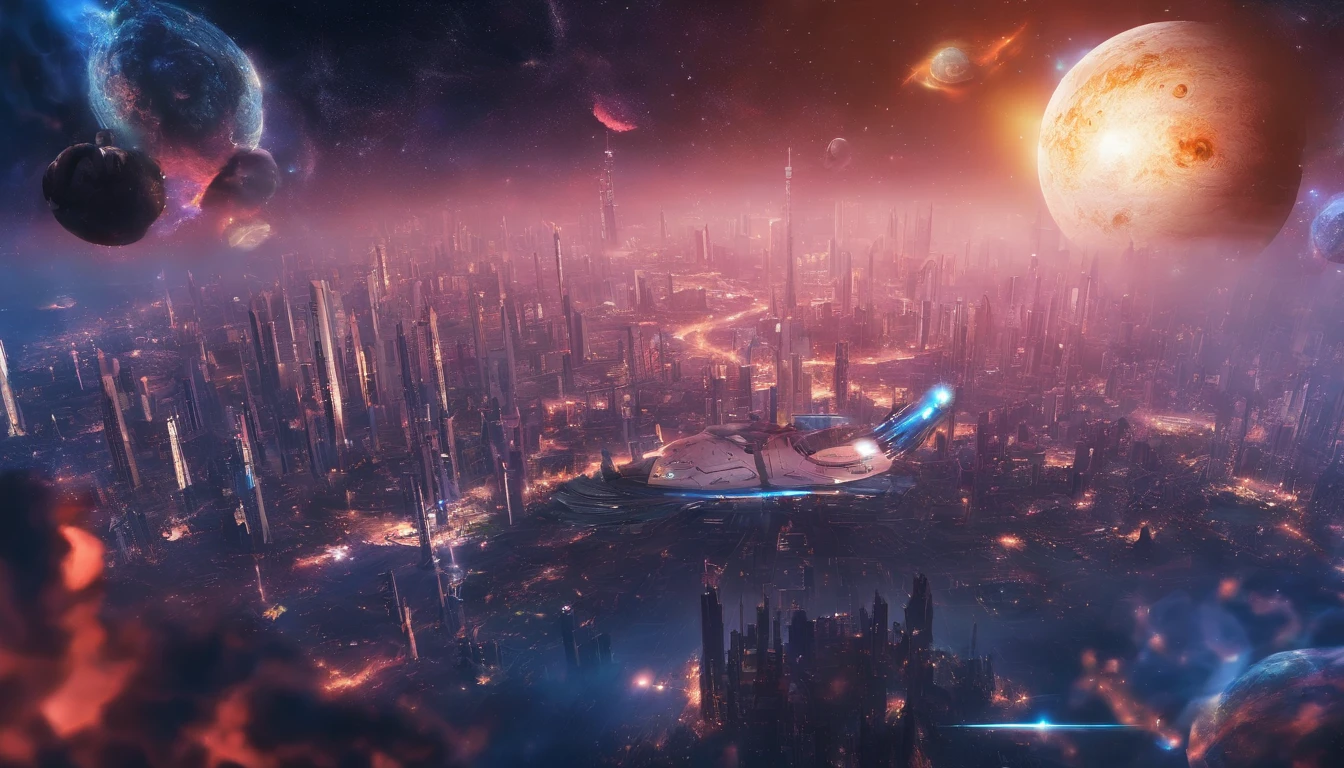 超高分辨率,, The background is blurred out,A bustling city on a suspended three-dimensional ring from the future,A lot of traffic drove to the skyline,In the daytime ,Blue skies,bird's eyes view