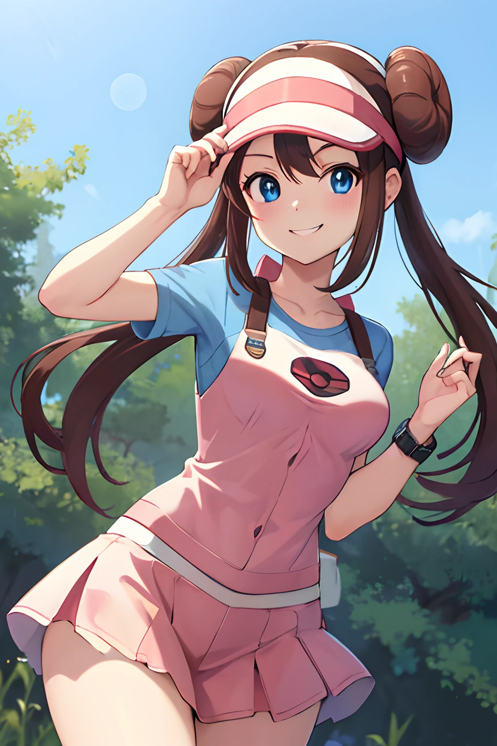 masutepiece, Best Quality, hight resolution, RO1, Hair bun, Blue eyes, Twin-tailed, Visor Cap, wrist watch, Cowboy Shot, field, poke ball \(basic\), Smile