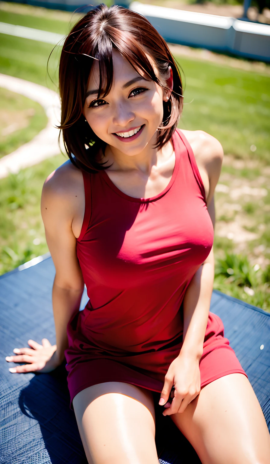 (8K、Raw photography、top-quality、masterpiece:1.2)、(realisitic、Photorealsitic:1.37)、ultra-detailliert、Photo of one person、beautiful mature lady、50 years old、Born in the 1970s、cute little、独奏、Beautiful detailed sky、lying on the lawn、((Spread your legs for your audience))、((Posture when straddling the Japanese-style toilet bowl))、Squats with legs spread in an M-shape、Sensational provocative pose、Virgin female genitalia perfectly visible to the audience、Redhead pubic hair、large full breasts、 teats、Beautiful teeth alignment、Happy bright smile、(blush of the nose)、(A smile:1.1)、(Mouth closed)、seducting smile、profetional lighting、Sony A7R4、Zessie 50mm f1.8、medium breasts、Beautiful Detail Eye、(Tennis Wear:1.1)、pleatedskirt、(short-hair:1.2)、Floating hair、