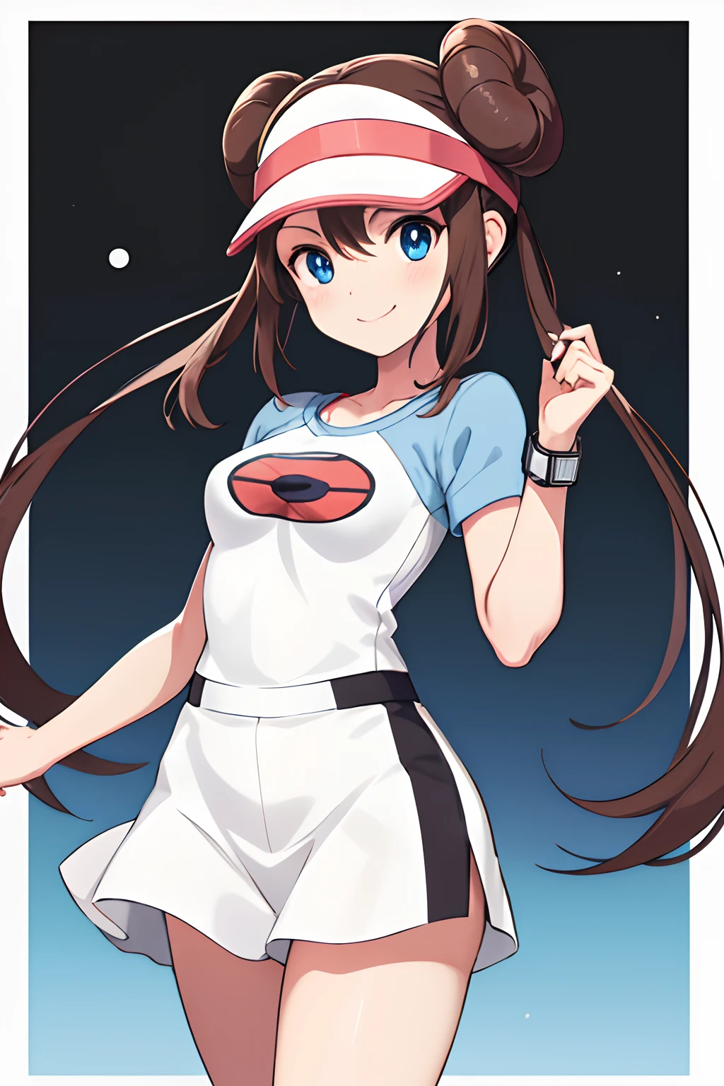 masutepiece, Best Quality, hight resolution, RO1, Hair bun, Blue eyes, Twin-tailed, Visor Cap, wrist watch, Cowboy Shot, field, poke ball \(basic\), Smile