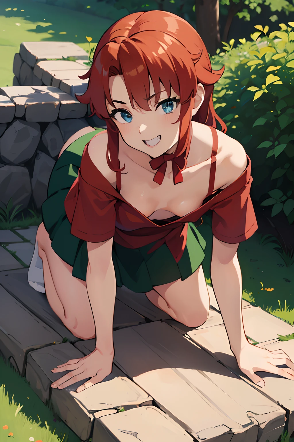 1girl in、hight resolution、masterpiece、Maribel, Red hair、Short sleeves、a miniskirt、off shoulders、Green dress、Midriff, Navel, Cowboy Shot, plein air, Small breasts, Externally expanded Chest, ((((On all fours)))), ((downbrouse))、Look at viewers、Show your teeth and smile