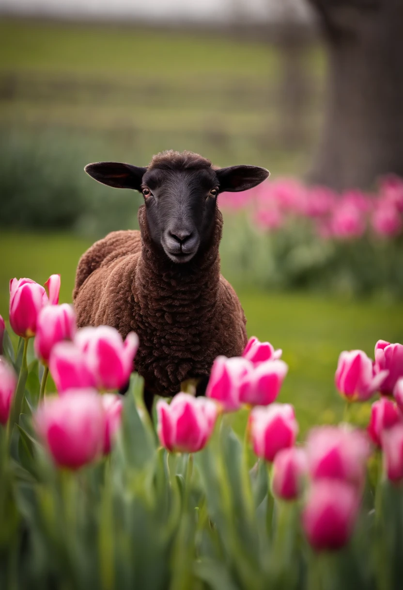 young sheep in tulips area