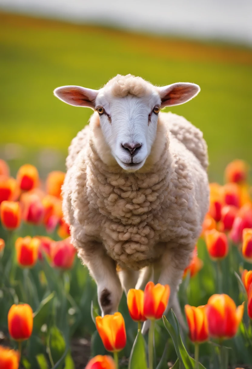 young sheep in tulips area