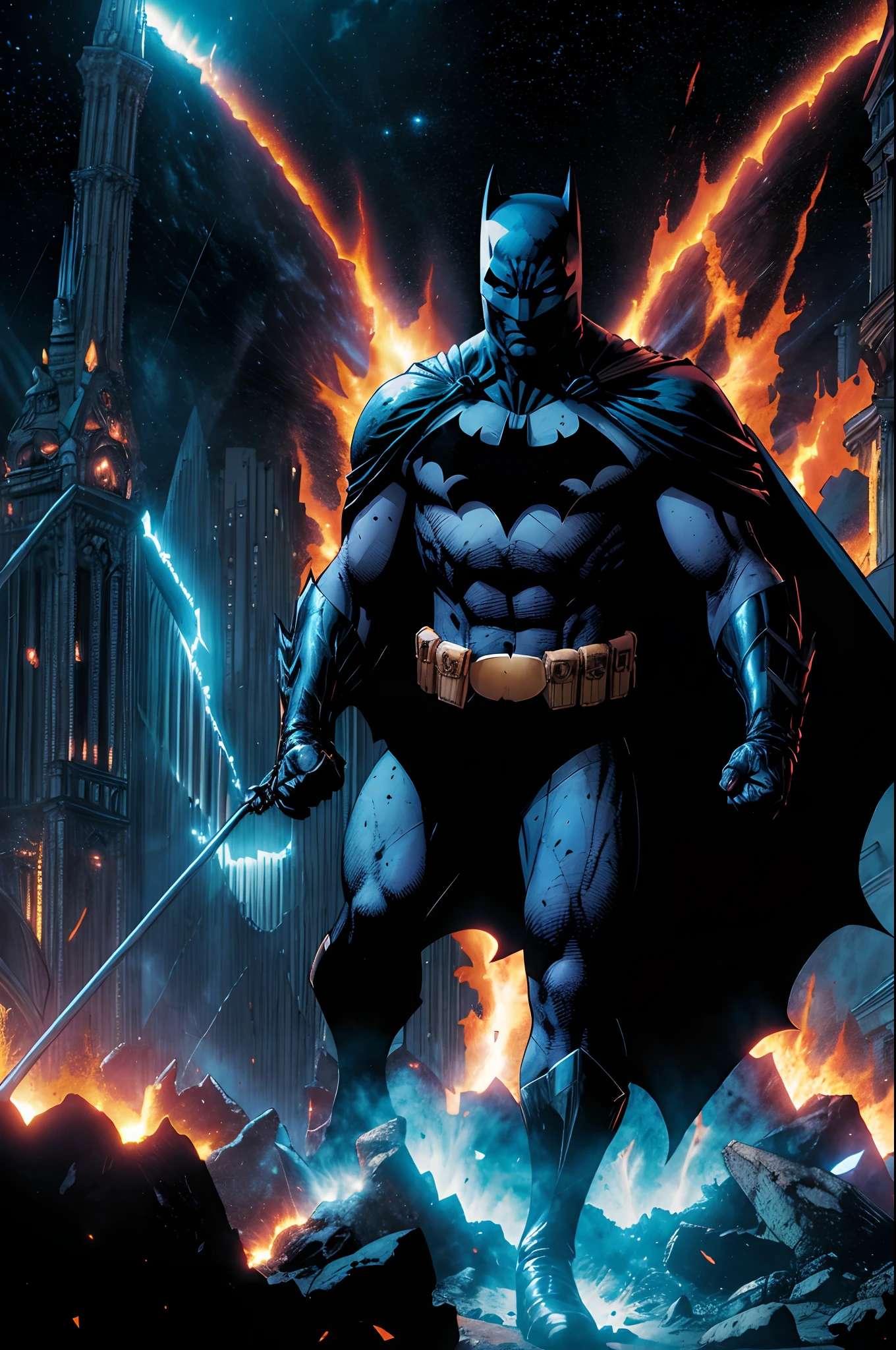 Batman esta no Inferno, Inferno de Dante,  and tries to get out of the red lavas around him with the strength of the Angels of heaven who emit white light to dry the fiery lavas on the ground so he can walk and come out of the depths of darkness, Blue and white neon lights are seen on the ground and bridge the gap between hell and Earth, at the end of his walk, Batman sees Gotha city illuminated in white light.
