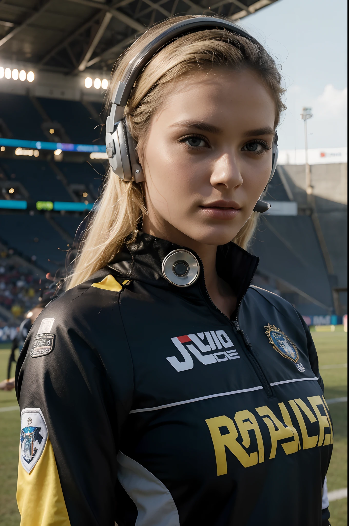 The reporter has a headset on, ela esta sentada em uma bancada transmitindo o jogo de futebol, The scenery is in the company's colors: preto e amarelo com detalhe branco, she is blonde with blue eyes, Beautiful and flawless on the face, ela tem a pele branca, rosto quadrado com simetria perfeita, She's down-to-earth and perfect with lipstick and makeup, tornando tudo ainda mais bonito,, her hair is blond, muito loiro , tem olhos azuis e batom rosa com maquiagem no rosto deixando ainda mais bela e dispertando curiosidade no olhar, Novo modelo da roupa, which conveys safety and protection, she may have large breasts