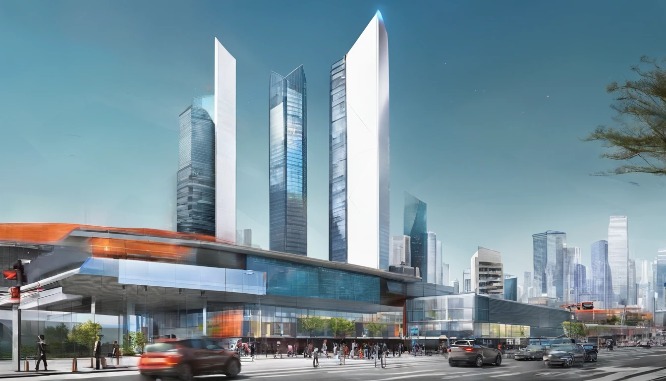 超高分辨率,, The background is blurred out,A bustling city on a suspended three-dimensional ring from the future,A lot of traffic drove to the skyline,In the daytime ,Blue skies,bird's eyes view