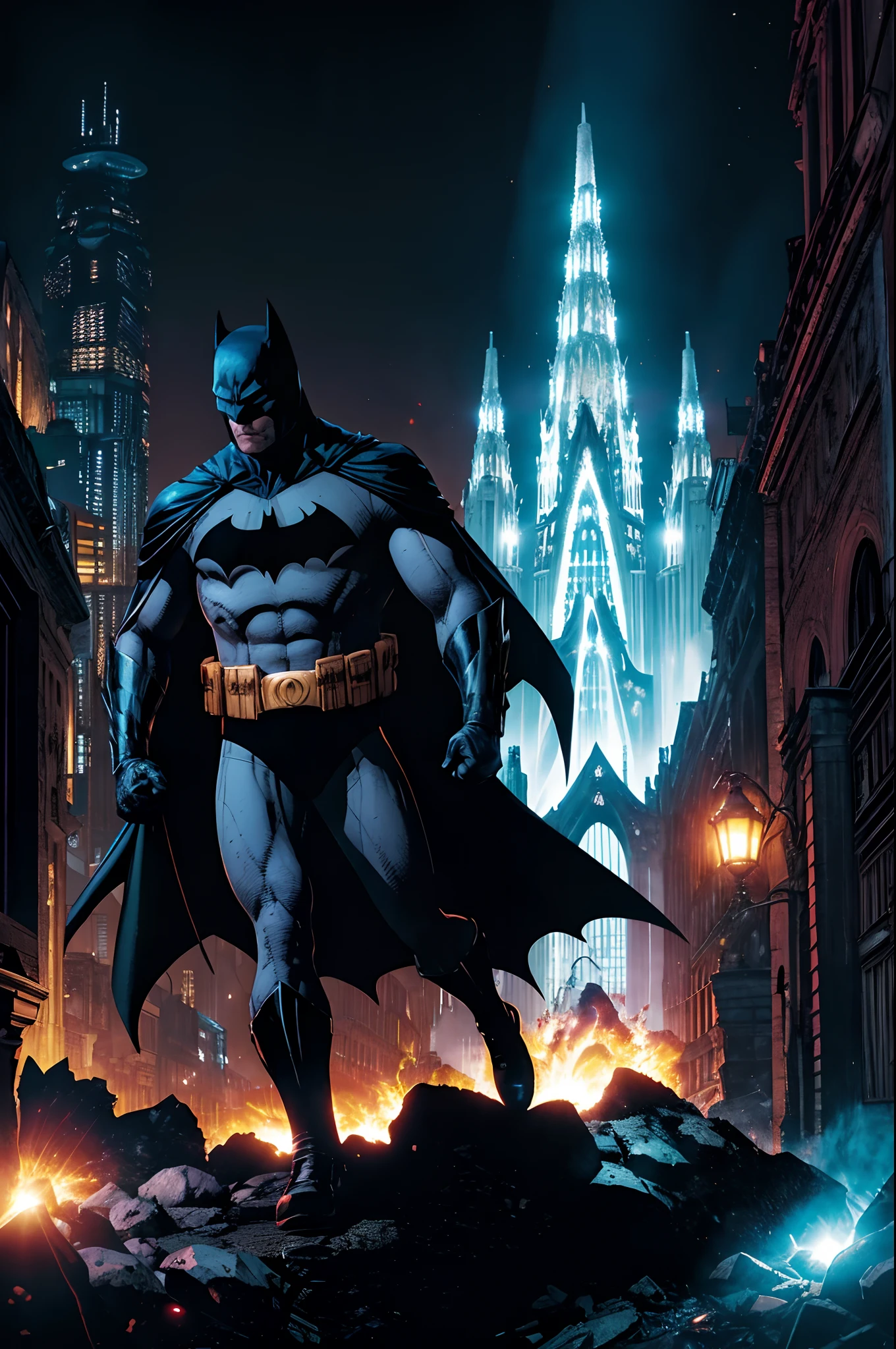 Batman esta no Inferno, Inferno de Dante,  and tries to get out of the red lavas around him with the strength of the Angels of heaven who emit white light to dry the fiery lavas on the ground so he can walk and come out of the depths of darkness, Blue and white neon lights are seen on the ground and bridge the gap between hell and Earth, at the end of his walk, Batman sees Gotha city illuminated in white light.