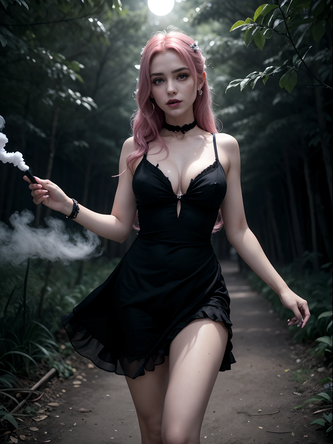 (A pink-haired demonic woman,casting spells:1.1,brilhante:1.1)(illustration)(best quality,ultra-detalhado,Realistic:1.37),Demonic Witch(demoniaca:1.1)(Magic:1.1)(Floresta)(Sombrio e misterioso,atmosfera sinistra),casting powerful spells,Creating Magical Energy(Magic:1.1),cabelo rosa vibrante(cabelo rosa rodopiante)(flowing pink hair),Chifres(chifres do diabo:1.1),olhos vermelhos penetrantes,cetro encantado(Magic Scepter),elaborado manto escuro,Shiny Magic Sigils,brasas ardentes rodopiando(Magic Embers:1.1)(brasas brilhantes),magical aura(Aura brilhante),sombras sinistras,supernatural presence(Presence),sorriso sinistro,anoitecer ao fundo(noite escura:1.1)(Floresta iluminada pela lua),folhagem exuberante e densa(twisting trees)(Mystical Plants:1.1),Mystic Particles(Rotating particles)(floating particles),ethereal glow(Ethereal:1.1)(brilho suave),Faint moonlight breaking through the trees,assombroso e cativante(atmosfera assustadora),beleza encantadora,ampla gama de cores(vivid colors)(cores contrastantes),Mystical Kingdom,detalhes impressionantes,dynamic compositing,Obras de arte hipnotizantes,estilo fotorrealista(estilo picasso),Impressive shading and lighting,energia explosiva,magical ambiance(atmosfera de fantasia),dreamlike scene: A beautiful and sexy vampire taking off her clothes to seduce the viewer who watches her from mid-range., She's wearing a black dress made of smoke, estilo surreal, e vai tirando aos poucos, Your eyes are bright blue like a vampire, She's in the dark, Lugar abandonado em um lugar abandonado, Dusty warehouse, There is no lighting in the place and a mist spreads through the air making the scene more mysterious and frightening. Ela tem lindos seios grandes e pesados e uma cintura fina, seus longos cabelos brancos voam como em uma ventania leves como o ar, Their skin is very pale and soft, Blood dripping from her mouth and down her neck to her breasts.