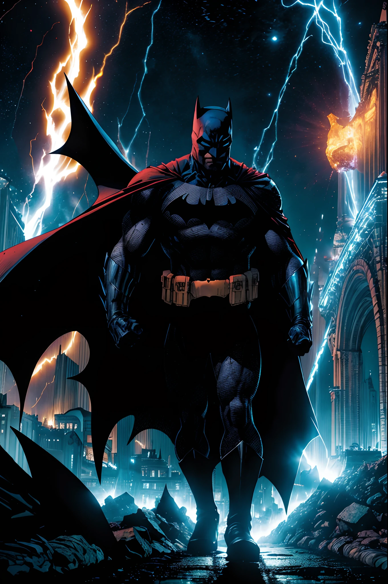 Batman esta no Inferno, Inferno de Dante, and tries to get out of the red lavas around him with the strength of the Angels of heaven who emit white light to dry the fiery lavas on the ground so he can walk and come out of the depths of darkness, Blue and white neon lights are seen on the ground and bridge the gap between hell and Earth, at the end of his walk, Batman sees Gotha city illuminated in white light.