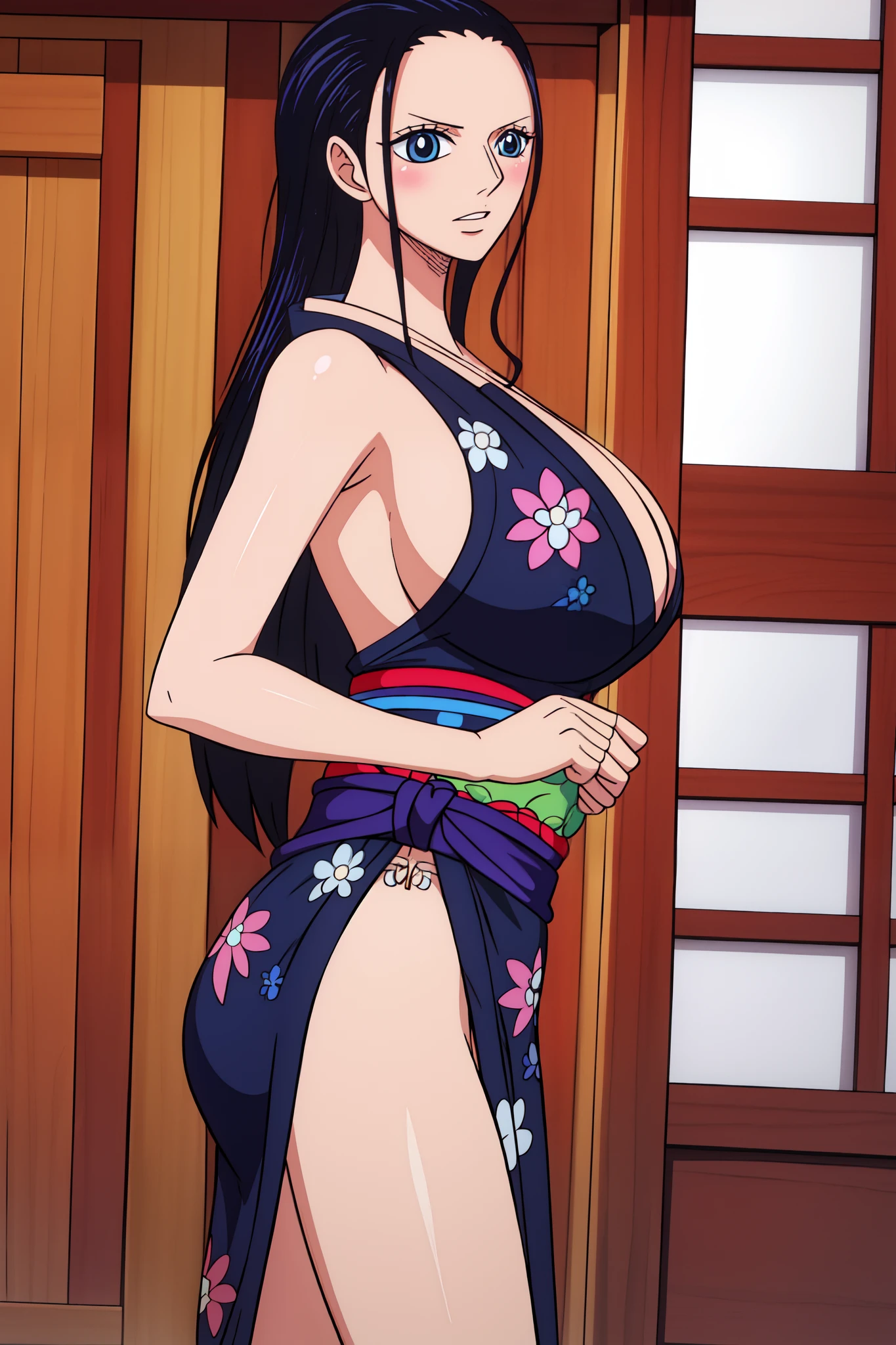 Nico Robin from one piece, black long hair, blue eyes, dark wide pupils, blushing, big breasts, large size boobs, wearing mini size kimono,  standing in Japanese traditional house Minka, side view,